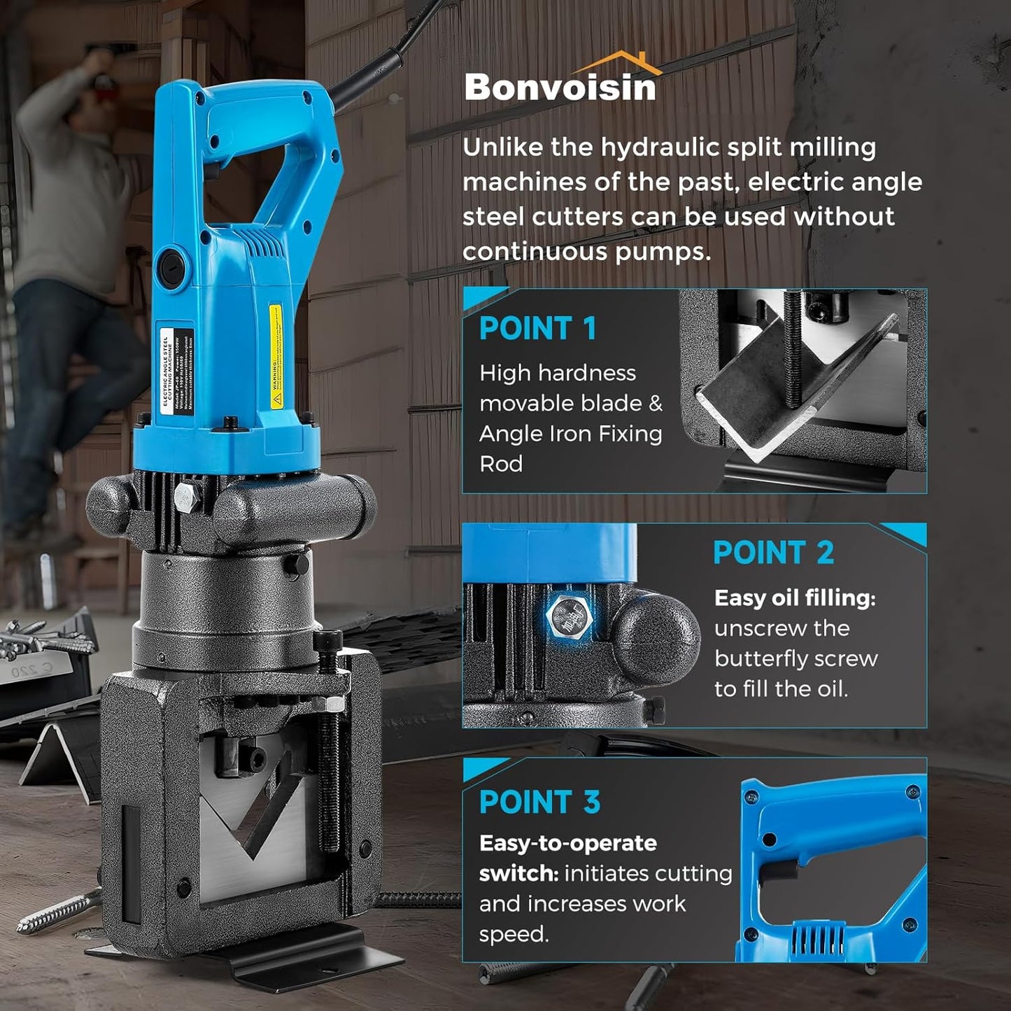 Bonvoisin Electric Hydraulic Angle Iron Steel Cutter 1500W Portable Hydraulic Angle Iron Steel Cutting Tool Machine for Angle Steel Angle Iron 110V