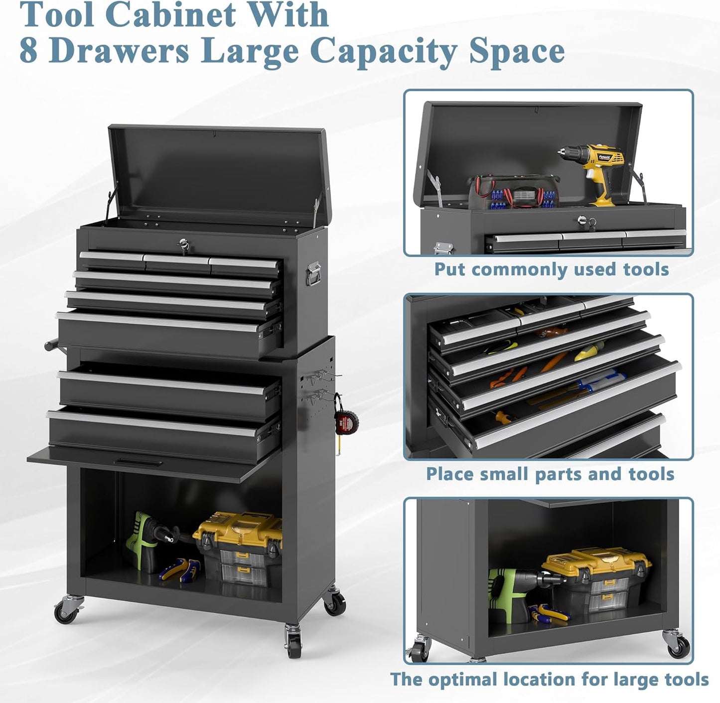 Tool Chest, 8 Drawers Rolling Tool Cabinet, Removable Cabinet Storage Tool Box with Hooks and Liners,Universal Lockable Wheels, Metal Tool Storage Cart, Tool Box for Garage, Workshop