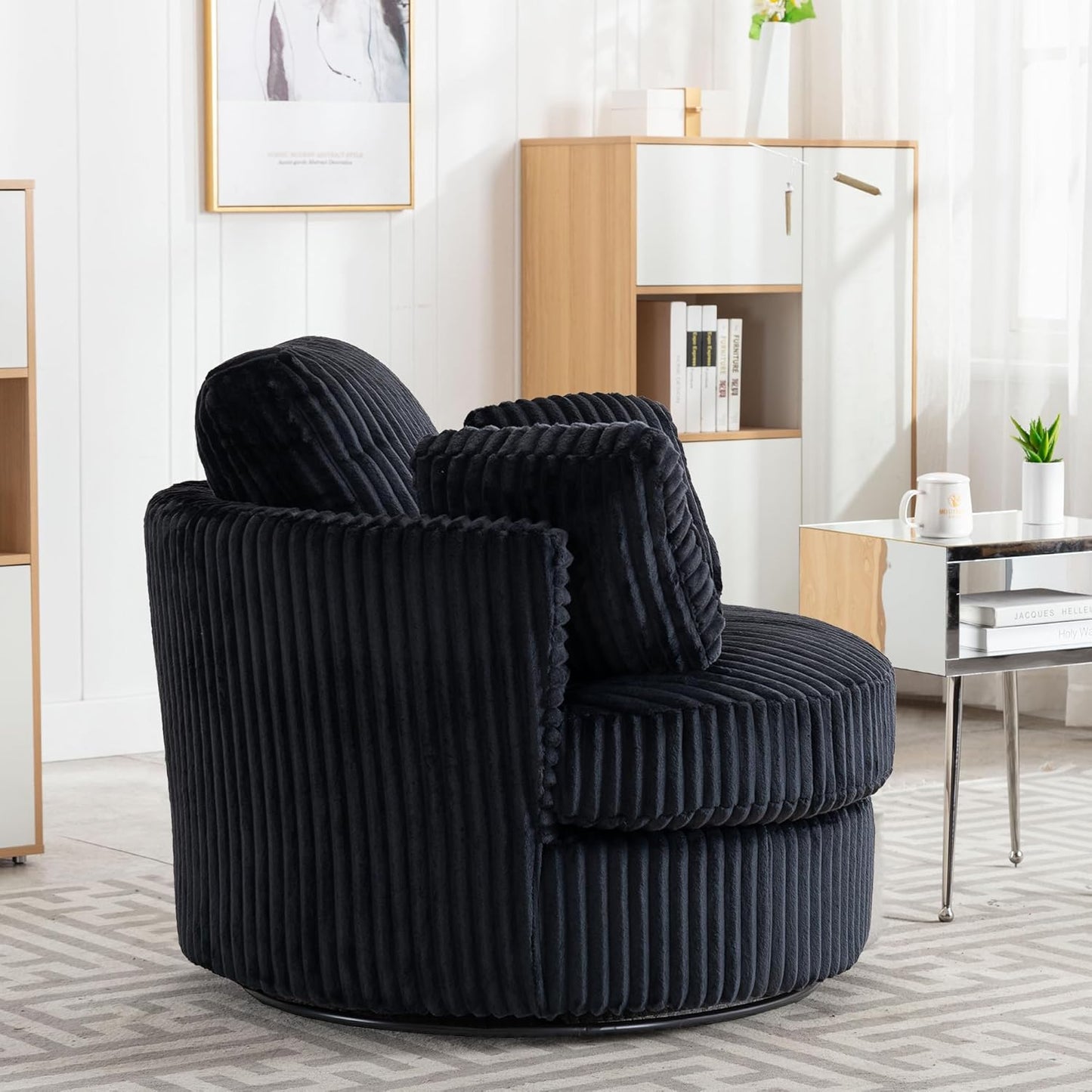 Swivel Accent Barrel Chair Oversized Modern Akili Upholstered Sofa Lounge Club Leisure Chair Round Chair for Hotel Living Room (Black)