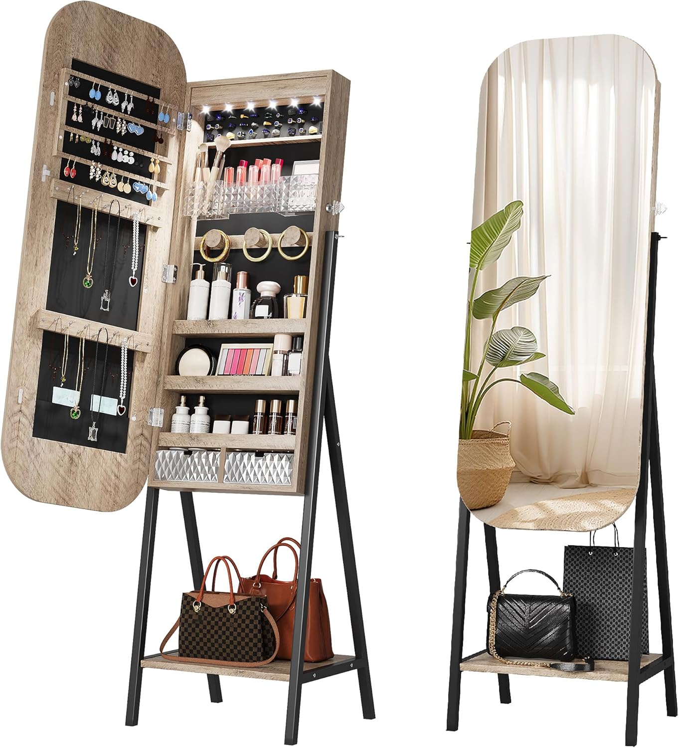 360° Swivel Jewelry Cabinet with Lights - RGB Vanity Mirror | Rotatable Full Length Mirror with Jewelry Storage, Standing Jewelry Armoire Organizer, Foldable Makeup Shelf Ideal Gift (White)
