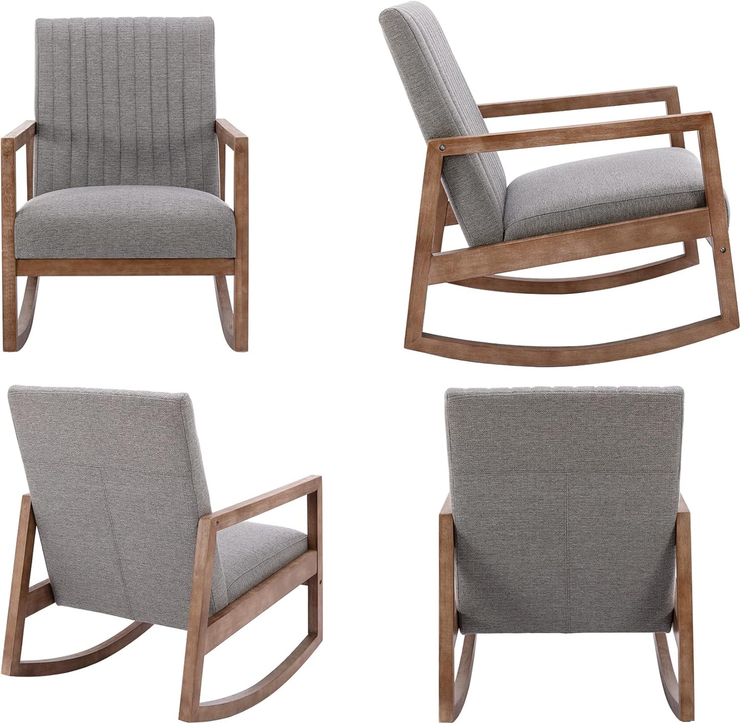 VESCASA Upholstered Linen Rocking Chairs with Channel-Tufted Back, Mid-Century Modern Comfy Rockers with Light Walnut Wood Frame for Nursery Living Room Bedroom Reading, Set of 2, Grey