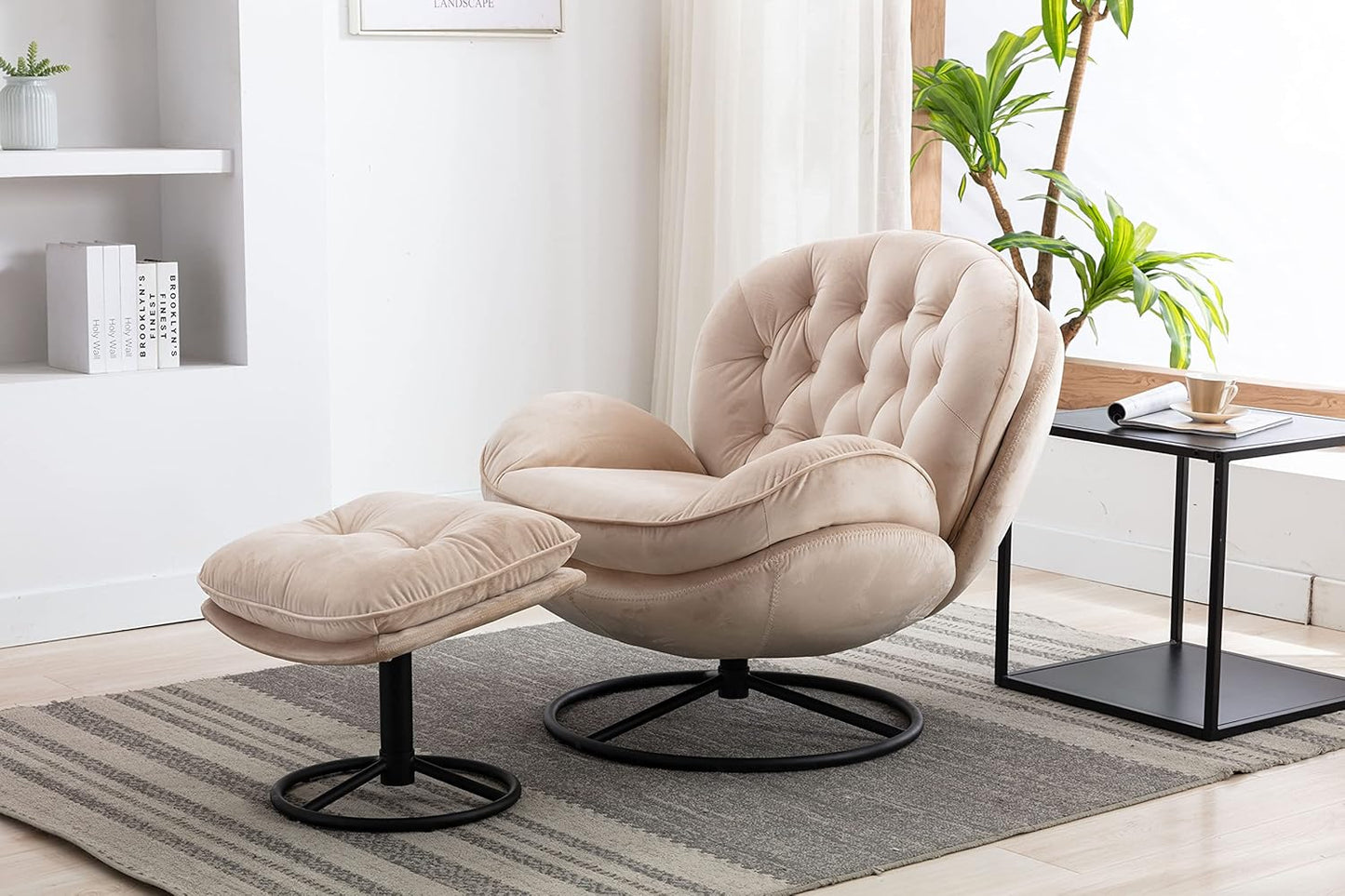 Baysitone Accent Chair with Ottoman,360 Degree Swivel Velvet Accent Chair, Lounge Armchair with Metal Base Frame for Living Room, Bedroom, Reading Room, Home Office (Gray)