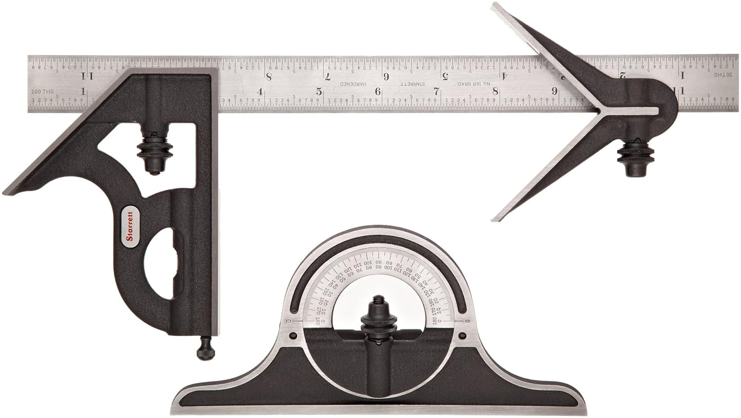 Starrett Combination Set with Square, Center and Reversible Protractor Head and Blade - 12" Blade Length, Forged and Hardened Steel, 16R Graduation Type - C434-12-16R