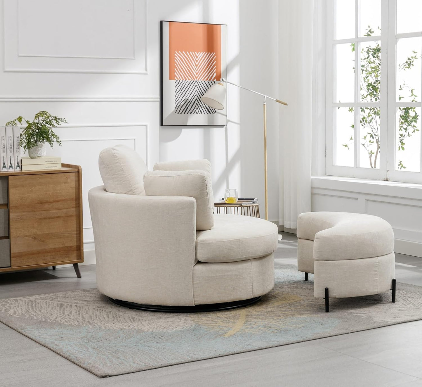 42" W Swivel Accent Barrel Chair Set Lounge Club Big Round Sofa with 4 Pillows for Living Room, Bedroom, Study, Hotel (Beige + Chenille)