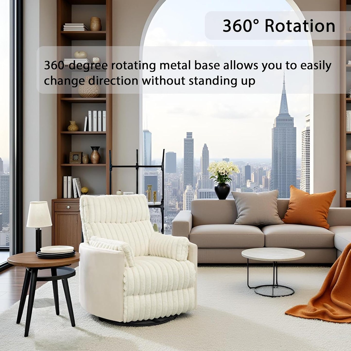 Swivel Recliner Chairs - Manual Recliner Chair with 360 Degree Rotation & Wide Wale Corduroy Design, Swivel Reclining Chair with Curved & Pillow-Top Arms, Corduroy Wide Recliner for Office (White)
