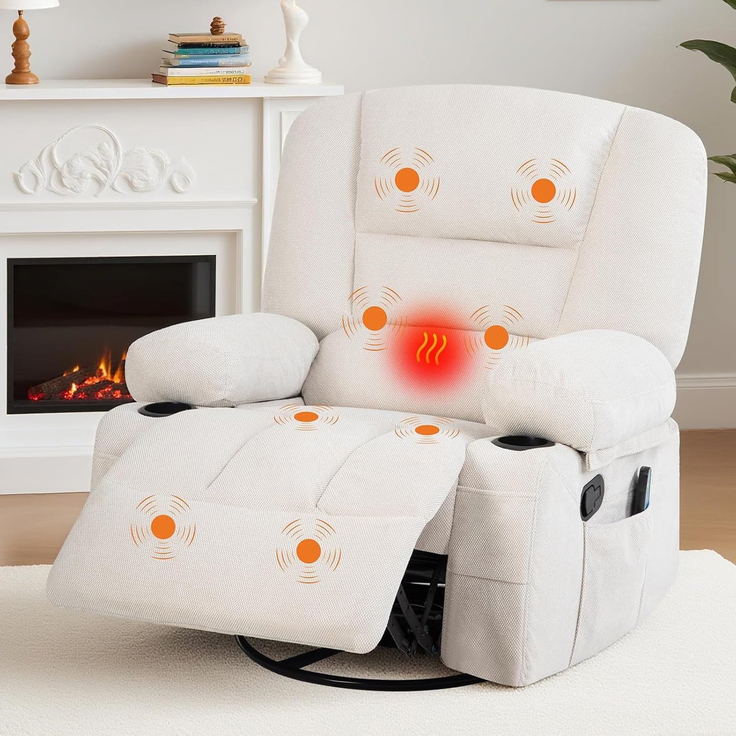 360° Swivel Recliner Chair with Heat & Massage, Widen Overstuffed Single Sofa Lounge Chair with Side Pockets Cup Holders for Living Room,Bedroom, RV, Gray