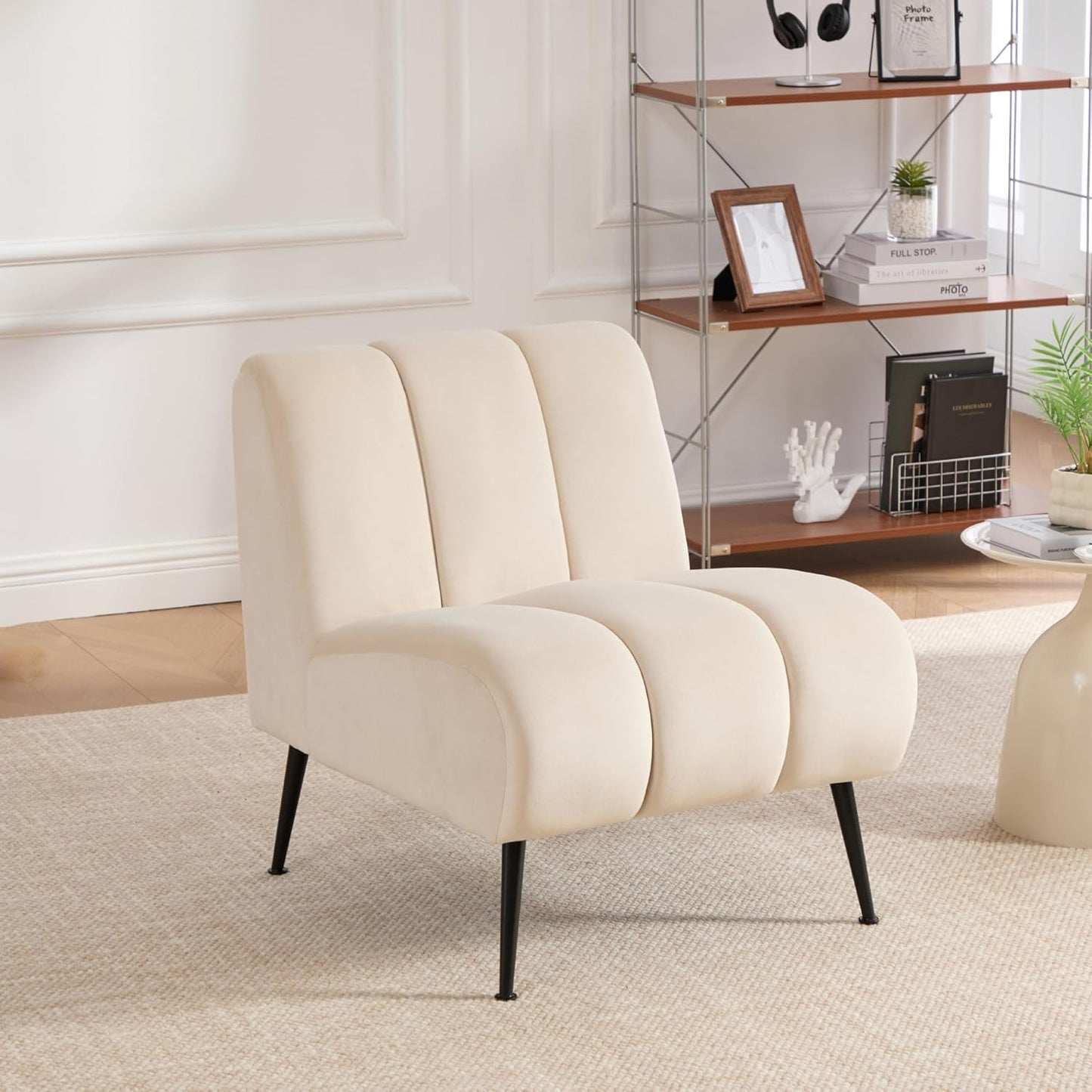 Aoiy & Wifon Velvet Accent Chair Set of 2, Single Living Room Chair with Metal Legs, Armless Reading Chair for Living Room, Beige