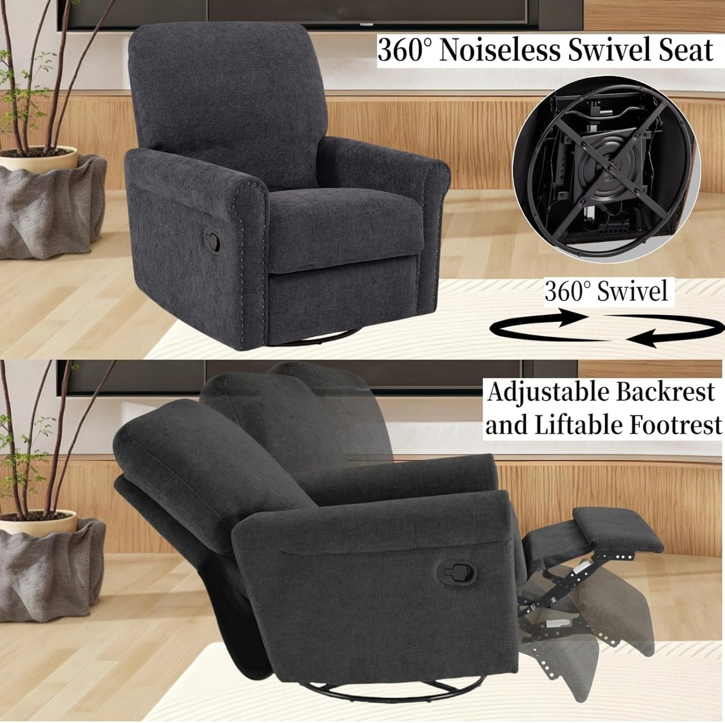 Accent Chairs 360° Recliner Chair Swivel Rocker Chair for Adults, Nursery Swivel Chairs for Living Room, High Back Upholstered Deep Seat Lazy Boy Recliner Chairs (Polyester Fabric- Dark Gray-1PCS)