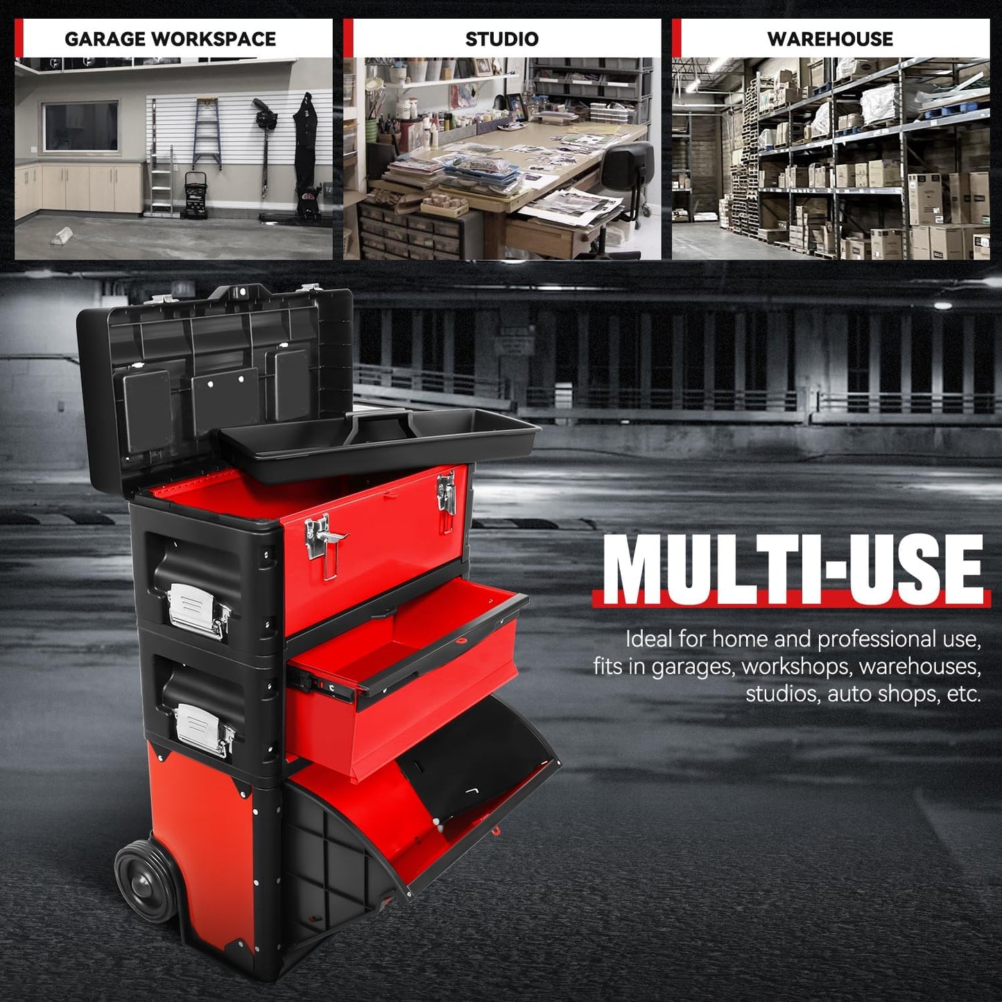 Auto Dynasty Stackable Tool Box 3-Tier Tool Separate Organizer Rolling Tool Chest with Wheels 3-in-1 Upright Trolley Tool Chest for Garage or Workshop, Red