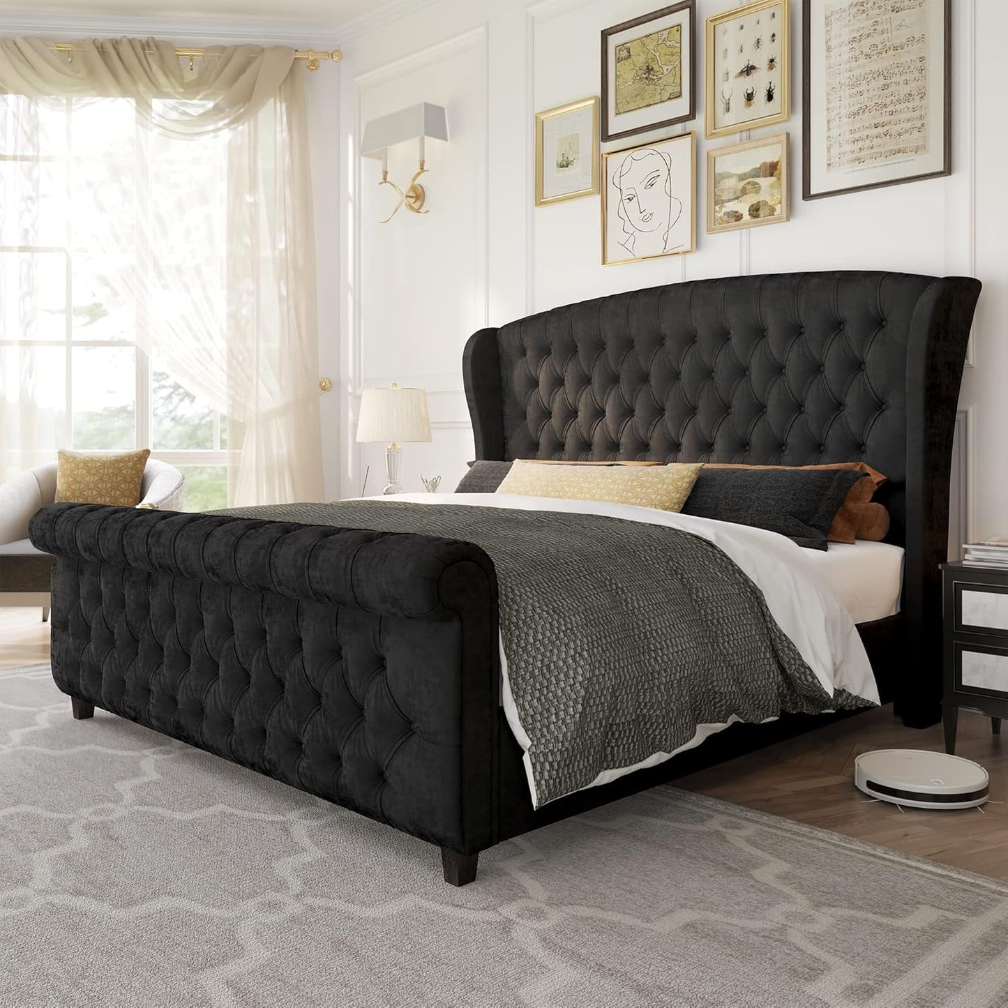 AMERLIFE Queen Size Platform Bed Frame, Chenille Upholstered Sleigh Bed with Scroll Wingback Headboard & Footboard/Button Tufted/No Box Spring Required/Cream