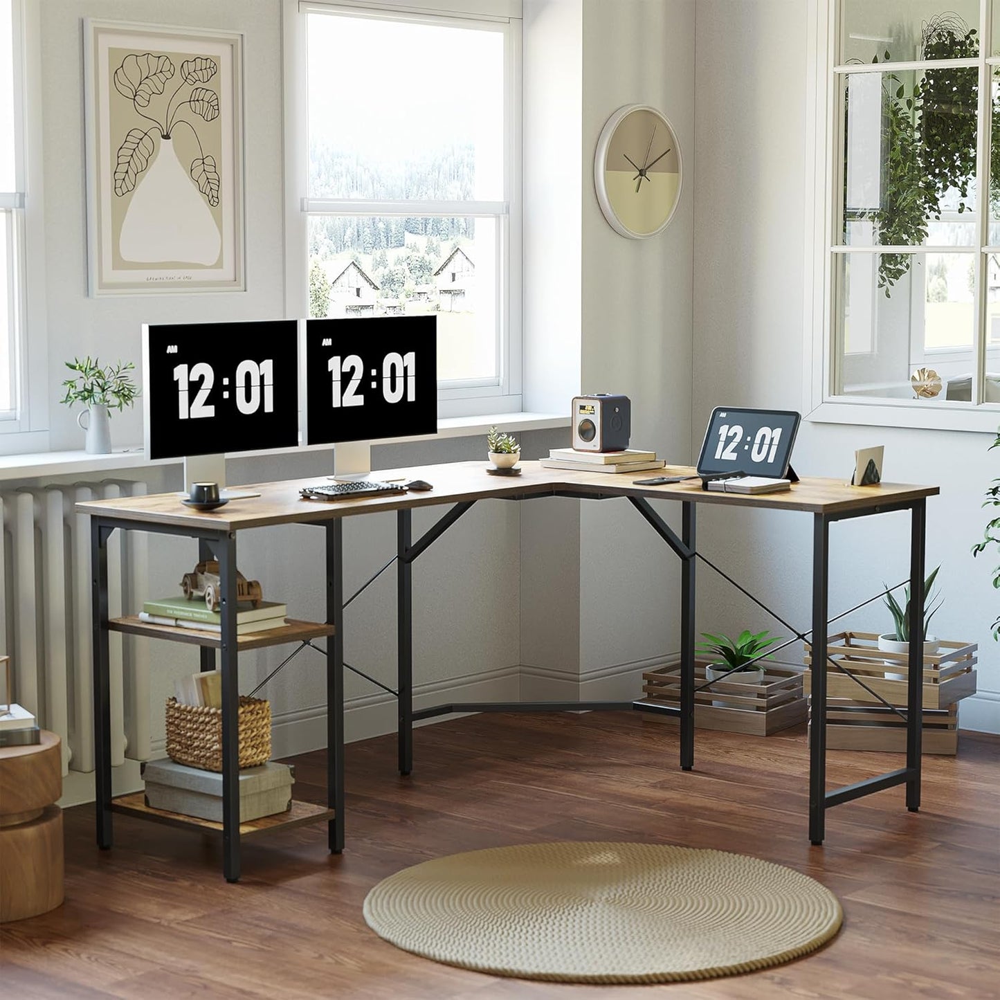 BANTI L Shaped Computer Desk, 59" Reversible Corner Desk with Storage Shelves, Home Office Desk for Writing Gaming Study, Rustic Brown
