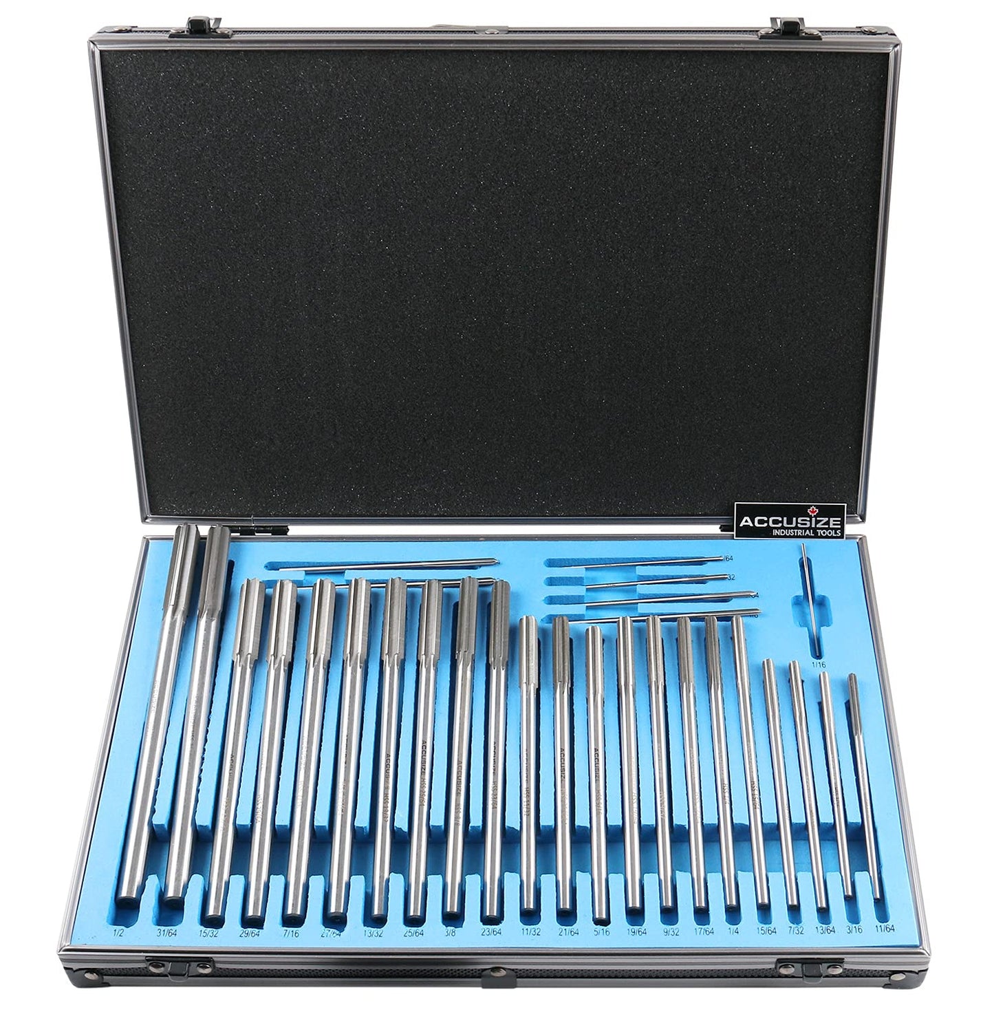 Accusize Industrial Tools 29 Pc Set 1/16 to 1/2 inch by 1/64 in HSS M2 Premium Chucking Reamers, Straight Flute, Aluminum Case, 5528-SF00