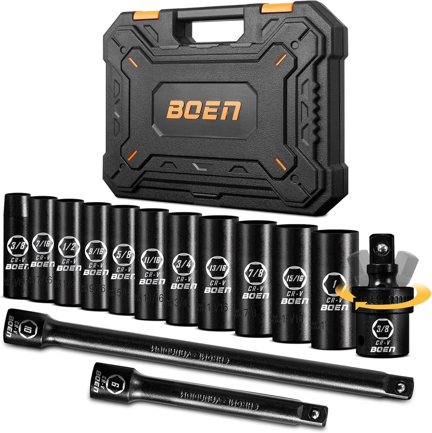 BOEN 1/2" Drive Impact Socket Set, 33 Piece Deep & Shallow Metric Socket Set 8mm to 22mm, Includes 5", 10" Extension Bars, Universal Joint, 6 Point Design, Cr-V Steel, Meets ANSI Standards