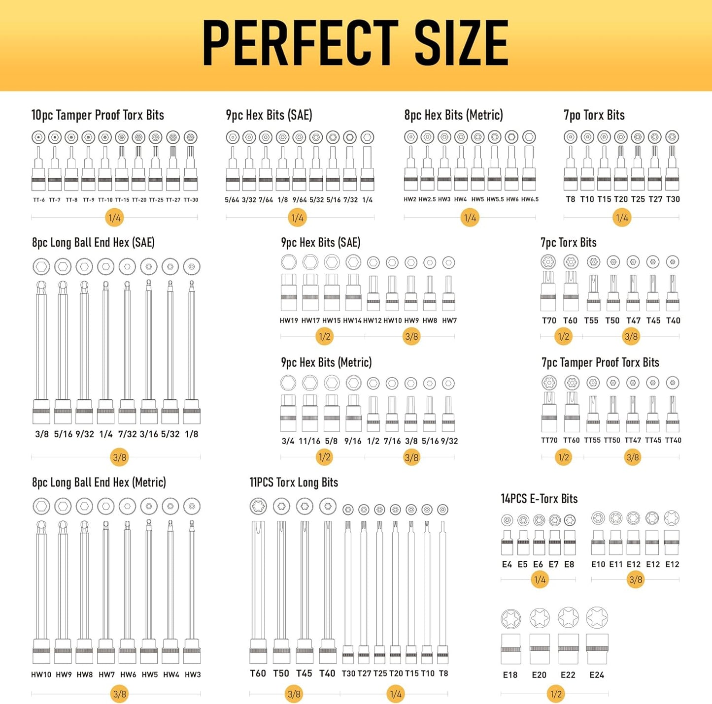 107-Piece Master Torx & Allen Bit Socket Set, 1/4", 3/8", 1/2" Drive, Long Torx & Ball End Hex Bits, Tamper-Resistant Star, E-Star Sockets, SAE & Metric, S2 Steel Storage Case