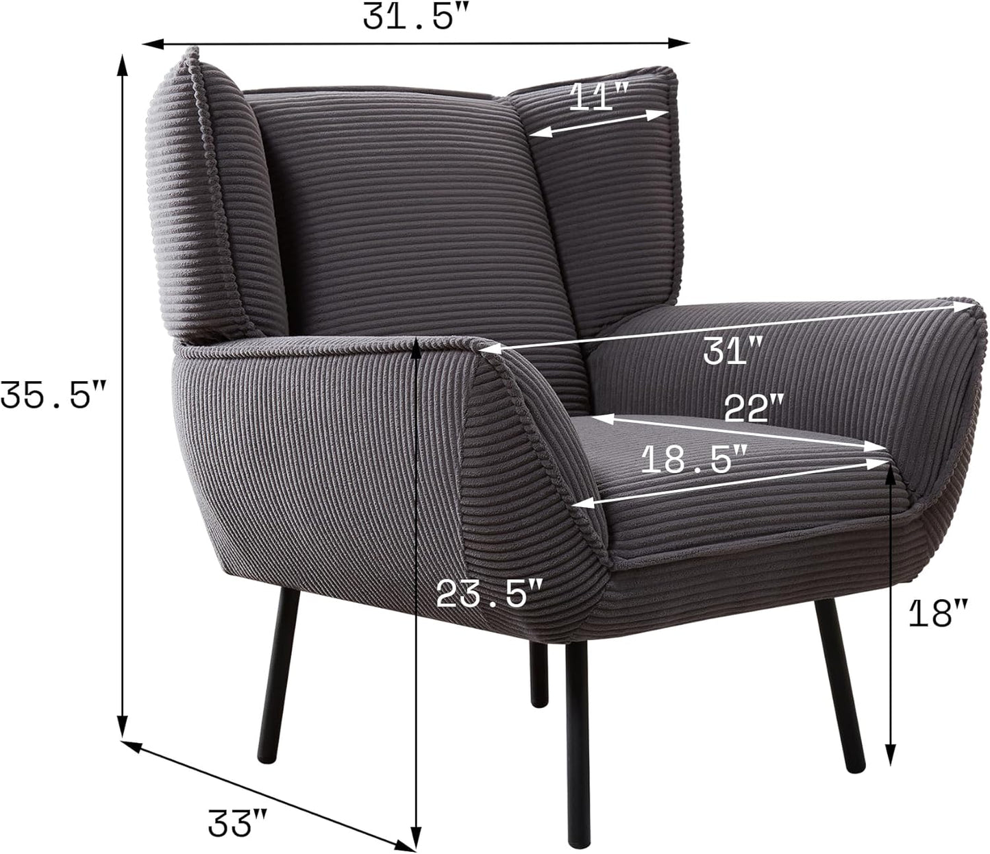 AMERLIFE Accent Chair Set- Wingback Upholstered Living Room Chair, Grey Reading Armchair for Bedroom, Comfy Corduroy Chair Set of 2