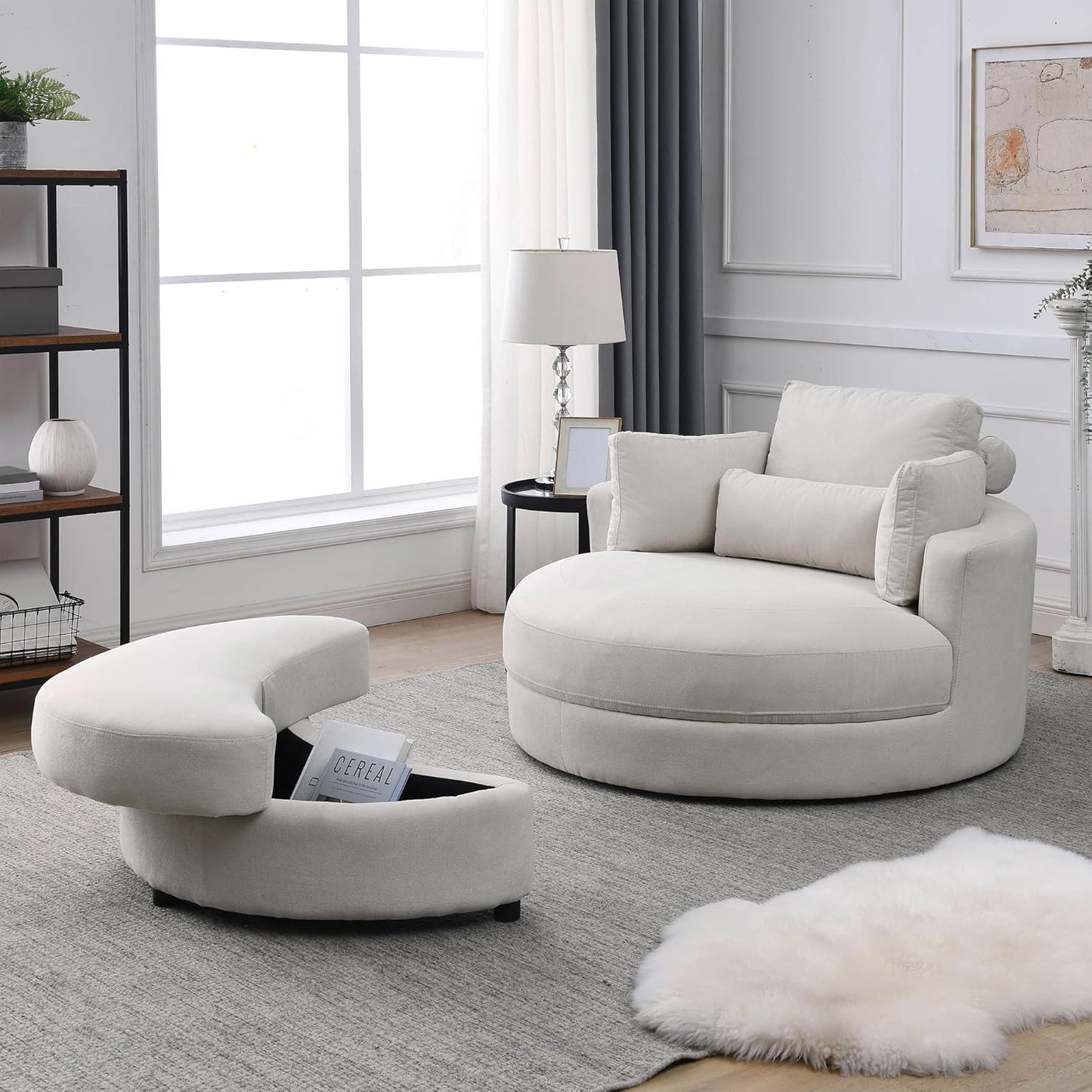 42IN Oversized Swivel Accent Chair and a Half Sofa Upholstered Big Round Barrel Chair Cute for Living Room Bedroom Hotel Office Corner Reading (Beige Boucle)