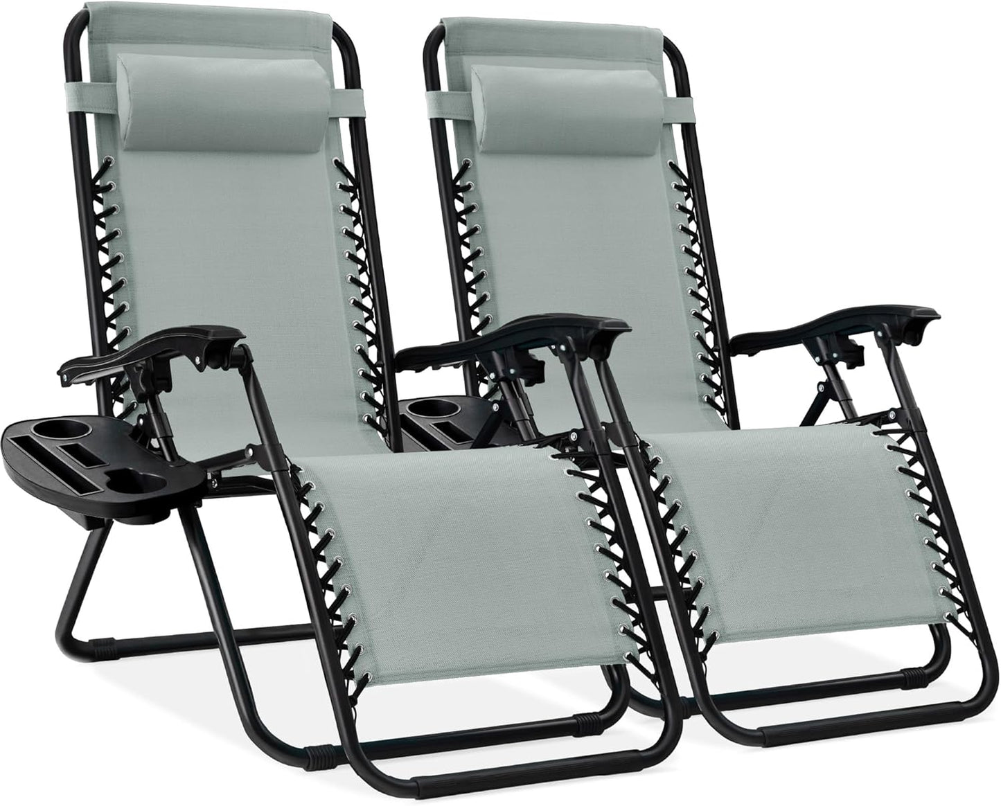 Best Choice Products Set of 2 Adjustable Steel Mesh Zero Gravity Lounge Chair Recliners w/Pillows and Cup Holder Trays - Gray