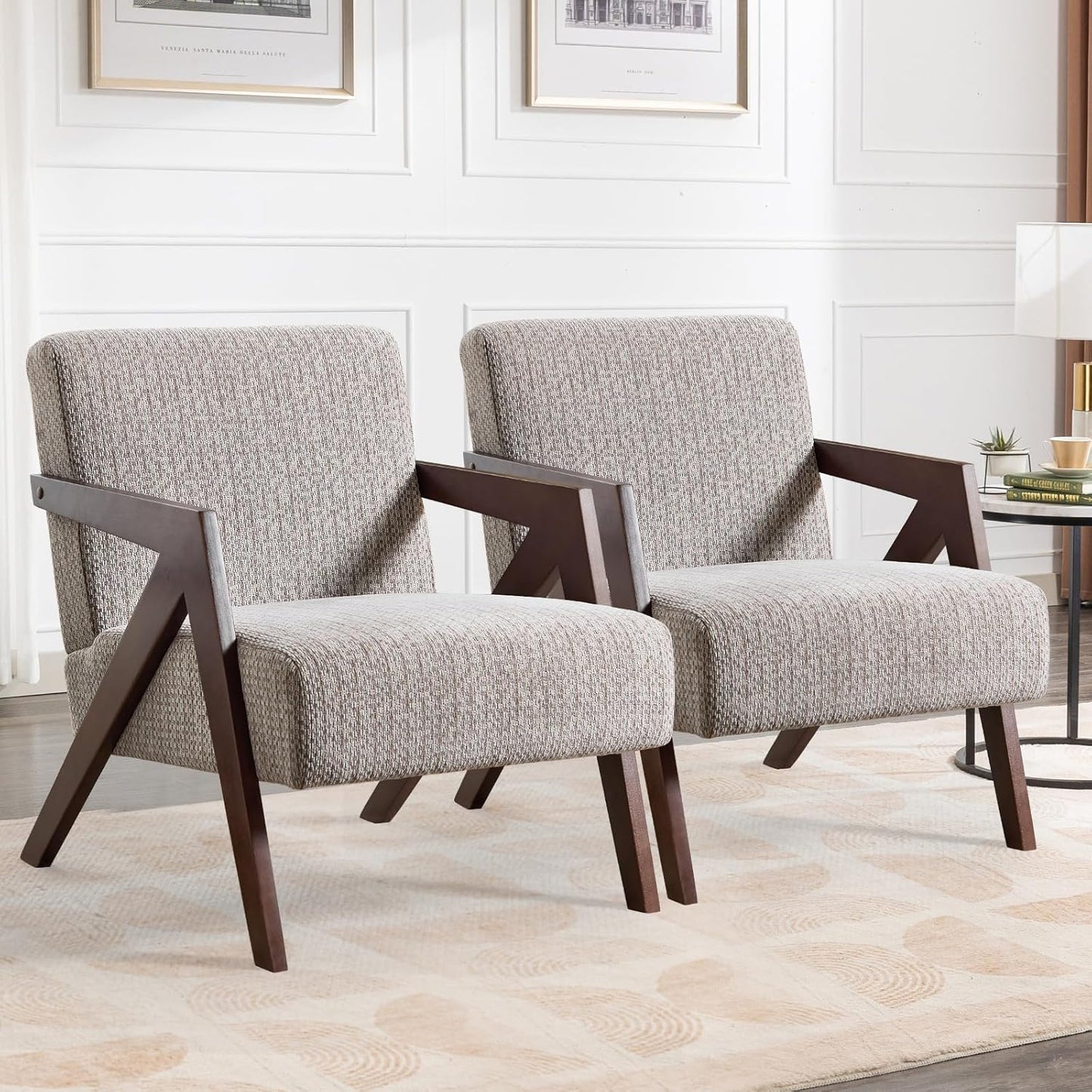 Bonzy Home Mid-Century Modern Accent Chair Set of 2 with Solid Wood Frame, Upholstered Armchair for Bedroom & Living Room,Reading Side Chair with Soft Lien Fabric Cushion,Easy Assembly,Beige