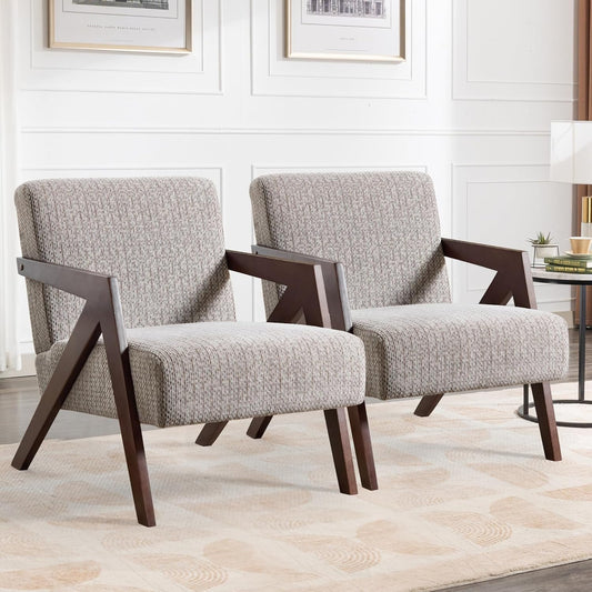 Bonzy Home Mid-Century Modern Accent Chair Set of 2 with Solid Wood Frame, Upholstered Armchair for Bedroom & Living Room,Reading Side Chair with Soft Lien Fabric Cushion,Easy Assembly,Beige