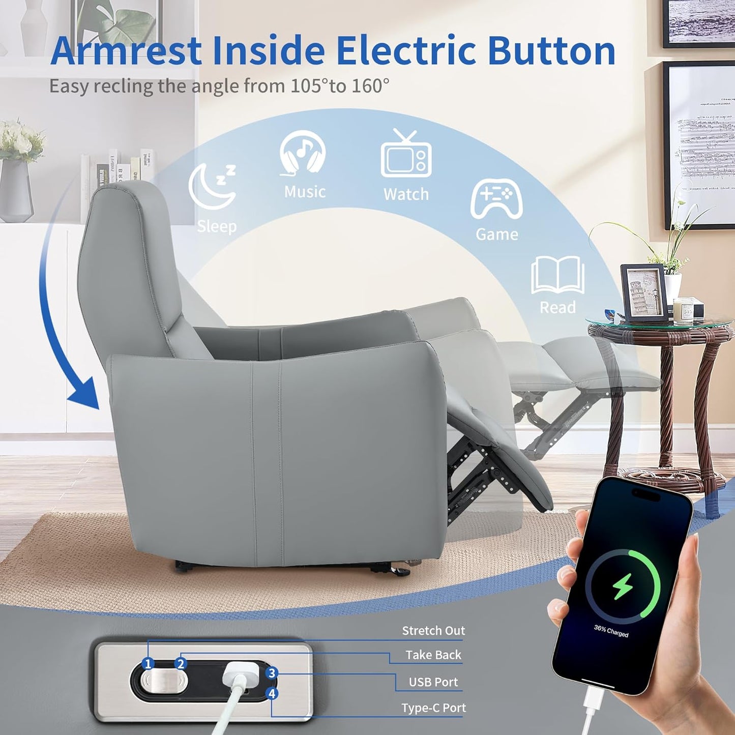 Wall Hugger Power Recliner Chair, Zero Wall Electric Recliner Chairs with USB Port, Space Saving Large Recliner for Living Room, RV, Home Theater