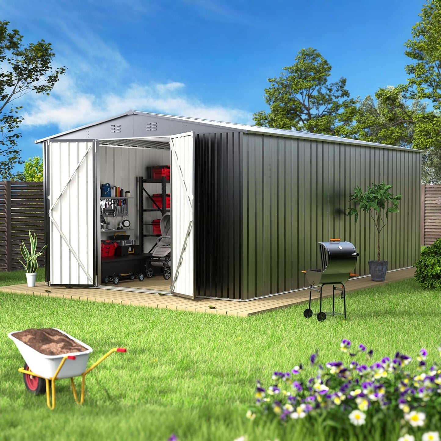 10 x 12 FT Outdoor Storage Shed, Metal Waterproof Storage Shed Steel Utility Garden Tool Shed with Door & Lock Outdoor Storage for Garden Patio Lawn Poolside Black