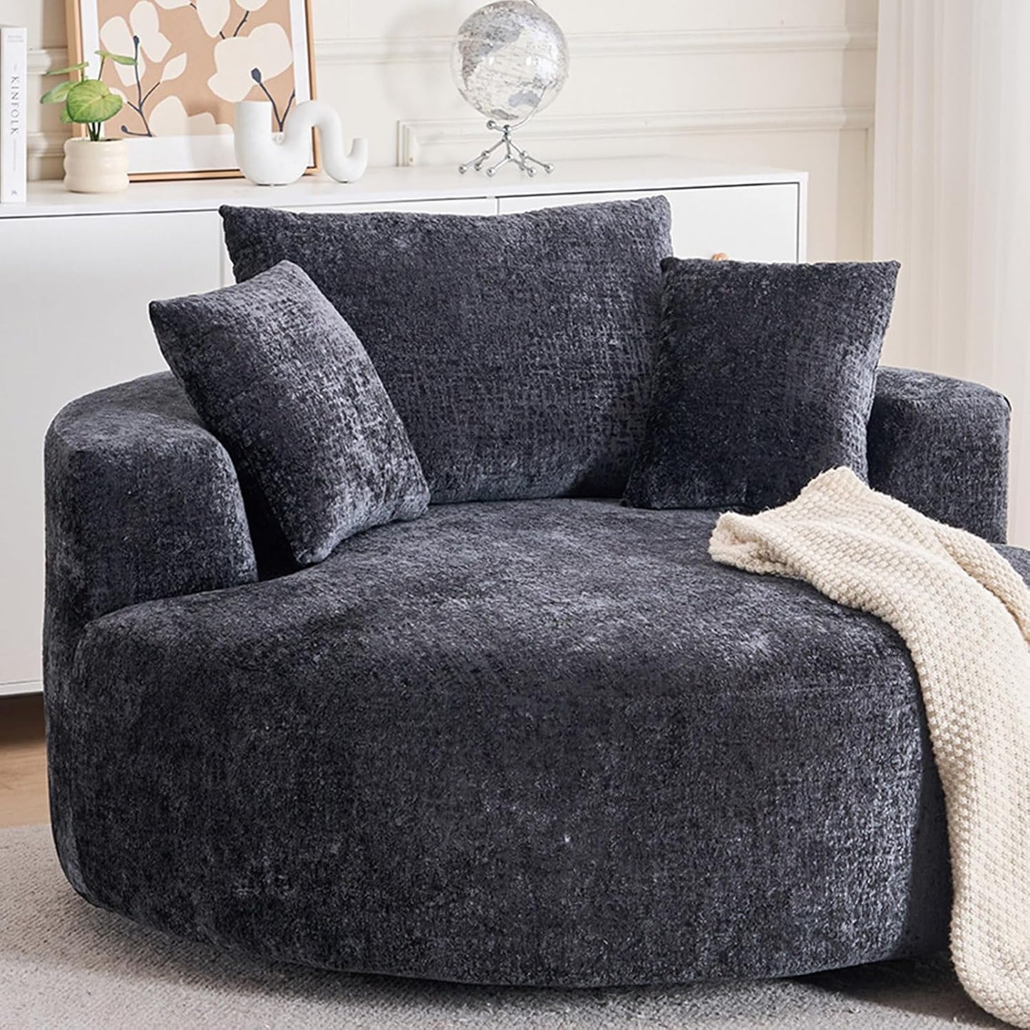 54.33" Oversized Round Chaise Longue Chair Indoor, 360° Swivel Round Upholstered Sofa, Modern Chenille Accent Chair with Pillow for Living Room, Bedroom Apartment,Green