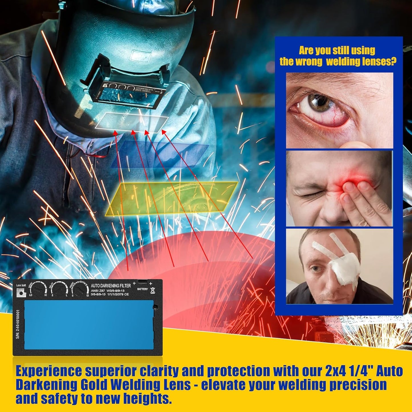 2x4 Auto Darkening Welding Lens, Shade 5-13 Adjustable, Solar Powered with HD True Color Technology - Fits Standard Welding Helmets/Hoods.
