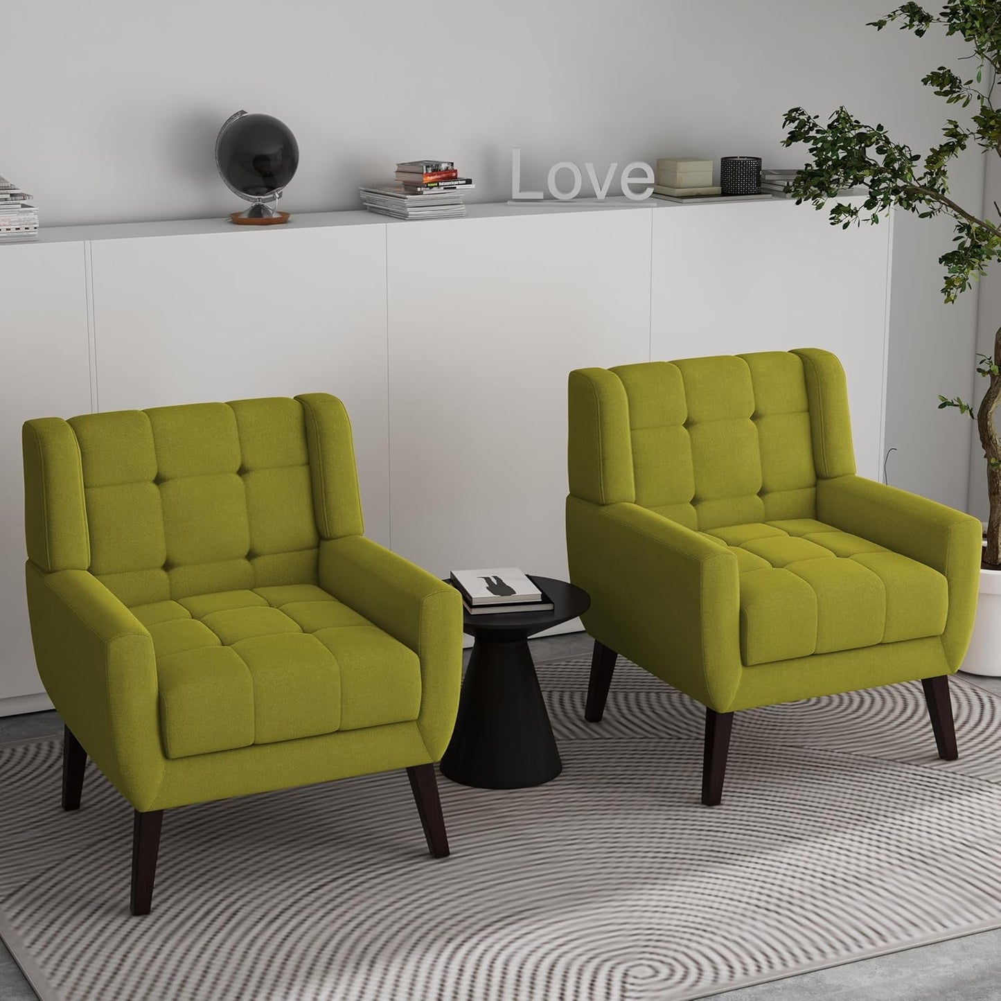 Accent Chairs Set of 2, Modern Fabric Upholstered Armchairs for Living Room, Comfy Arm Chairs Tufted Back and Solid Wood Legs for Bedroom Office Room (Light Blue)