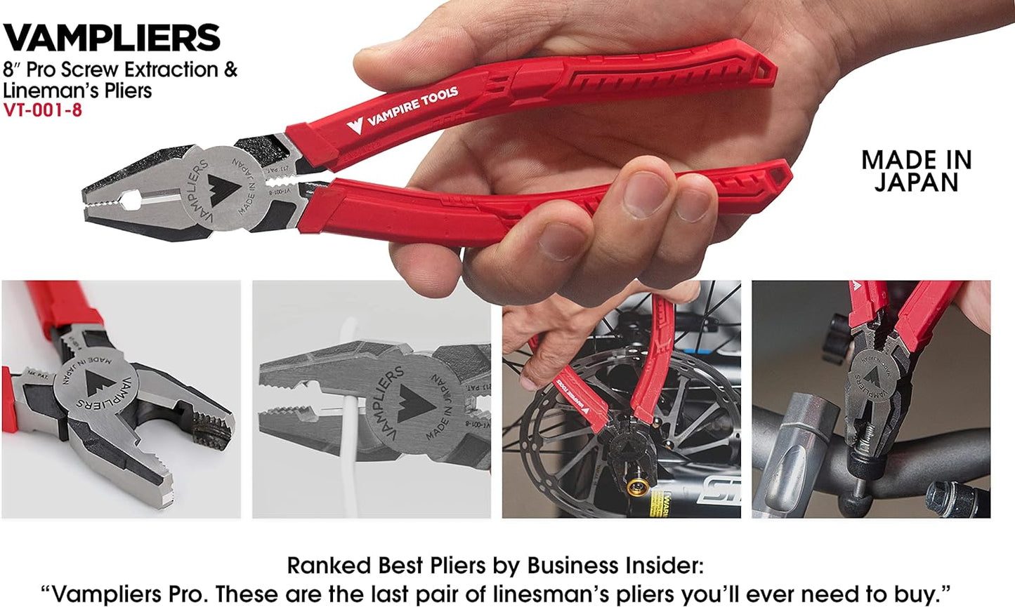 VAMPLIERS 4-PC Screw Extractor Pliers Set Made in Japan: 8" Linesman, 7.5" Long Nose, 6.25" Combination, 5" ESD Safe Mini Plier + Tool Pouch. Remove any Stripped/Damaged/Rusted Screws.