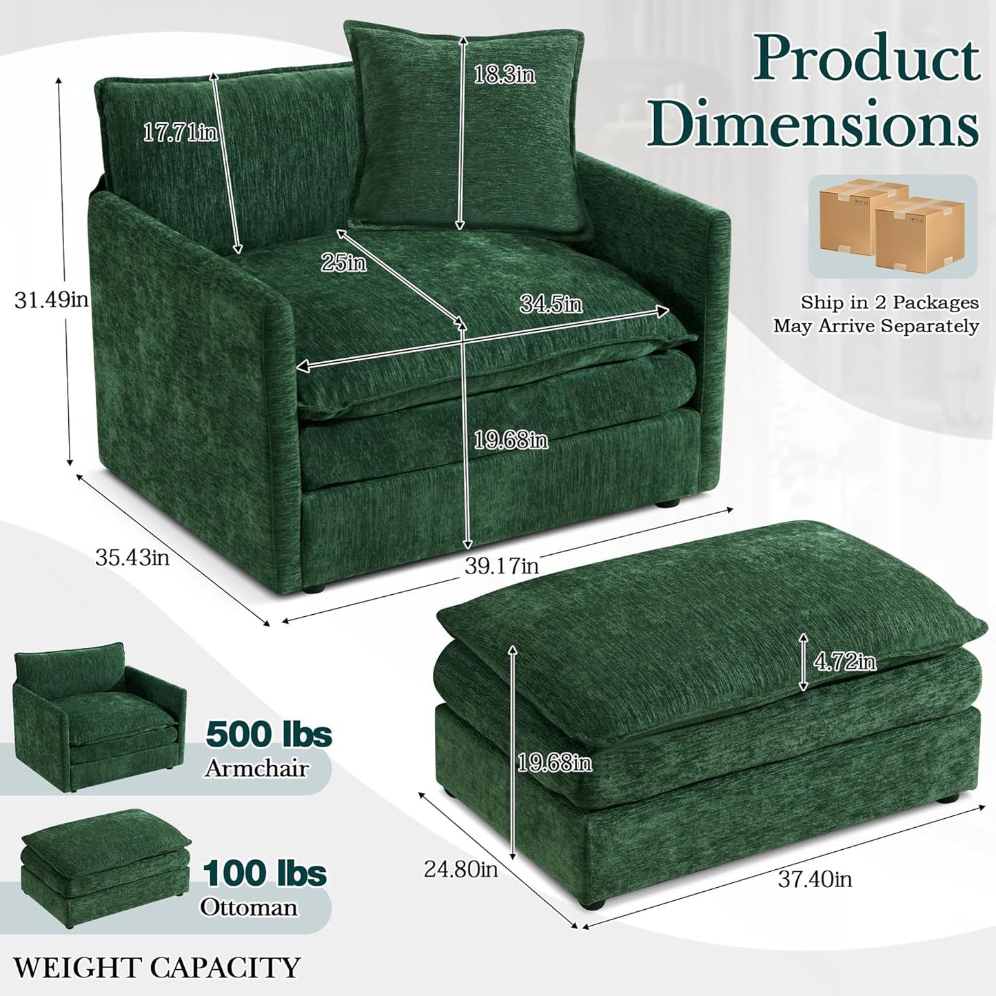 SLEERWAY Oversized Comfy Cloud Couch Accent Lounge Chair Set, Modern Living Room & Bedroom, Green