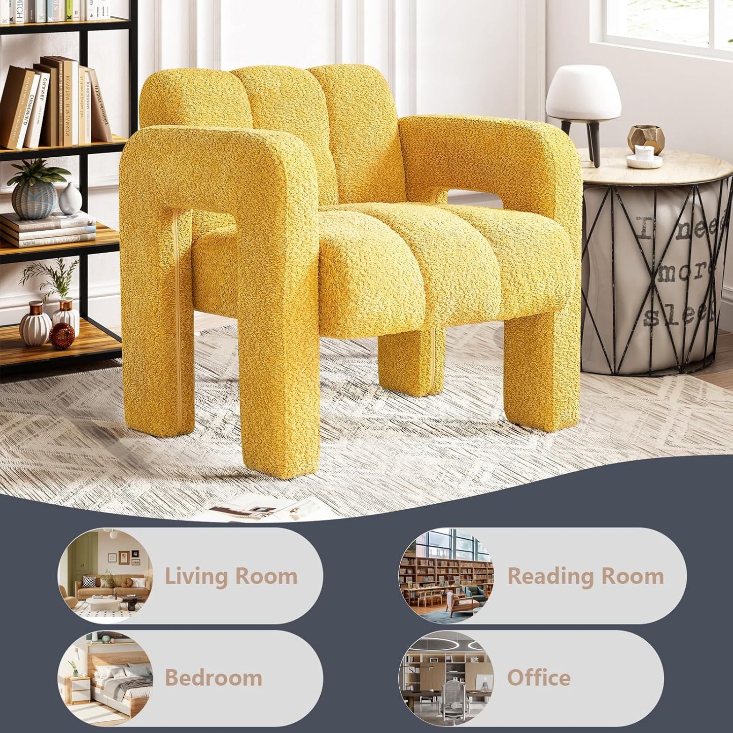 31" Boucle Accent Chair, Contemporary Designed Armchair,Upholstered Vanity Chair, Leisure Lounge Chair Reading Side Chairs for Living Room, Bedrooms, Office, Yellow