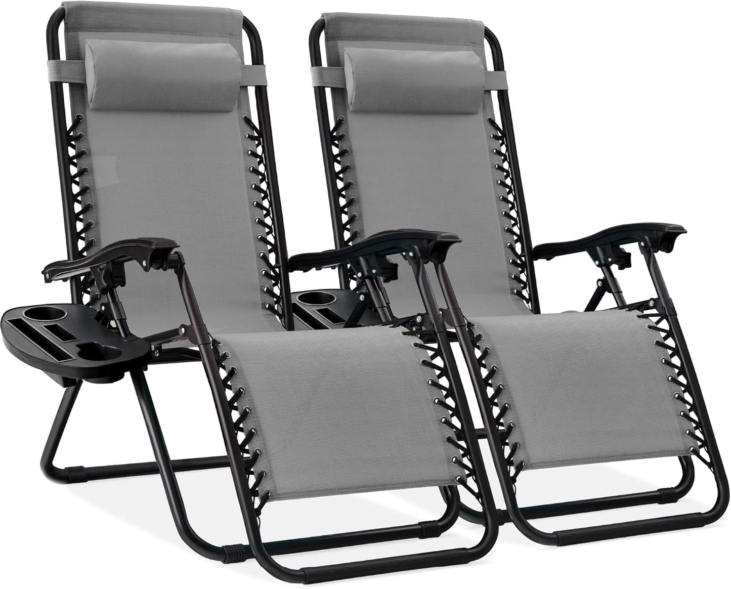 Best Choice Products Set of 2 Adjustable Steel Mesh Zero Gravity Lounge Chair Recliners w/Pillows and Cup Holder Trays - Black