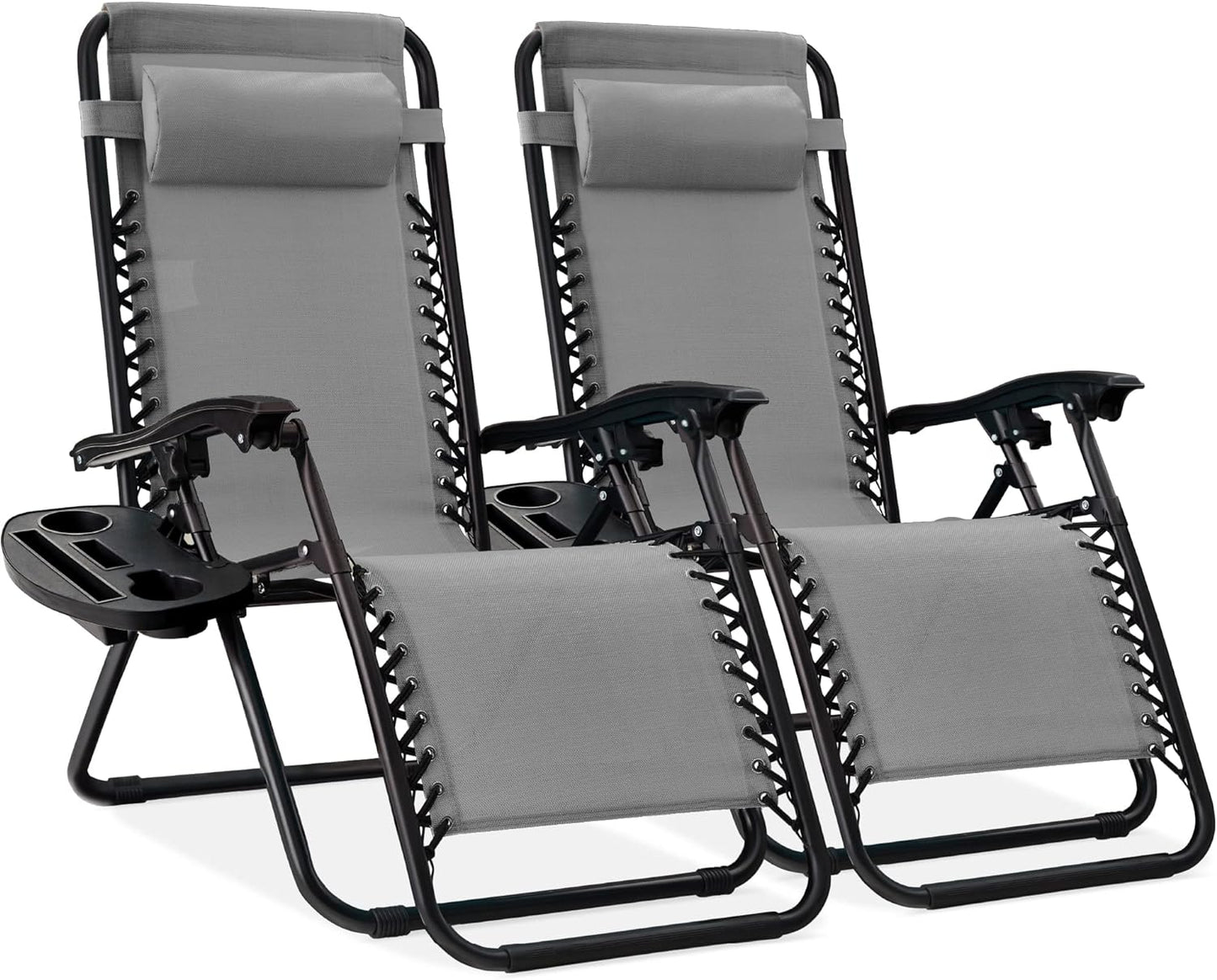 Best Choice Products Set of 2 Adjustable Steel Mesh Zero Gravity Lounge Chair Recliners w/Pillows and Cup Holder Trays - Gray