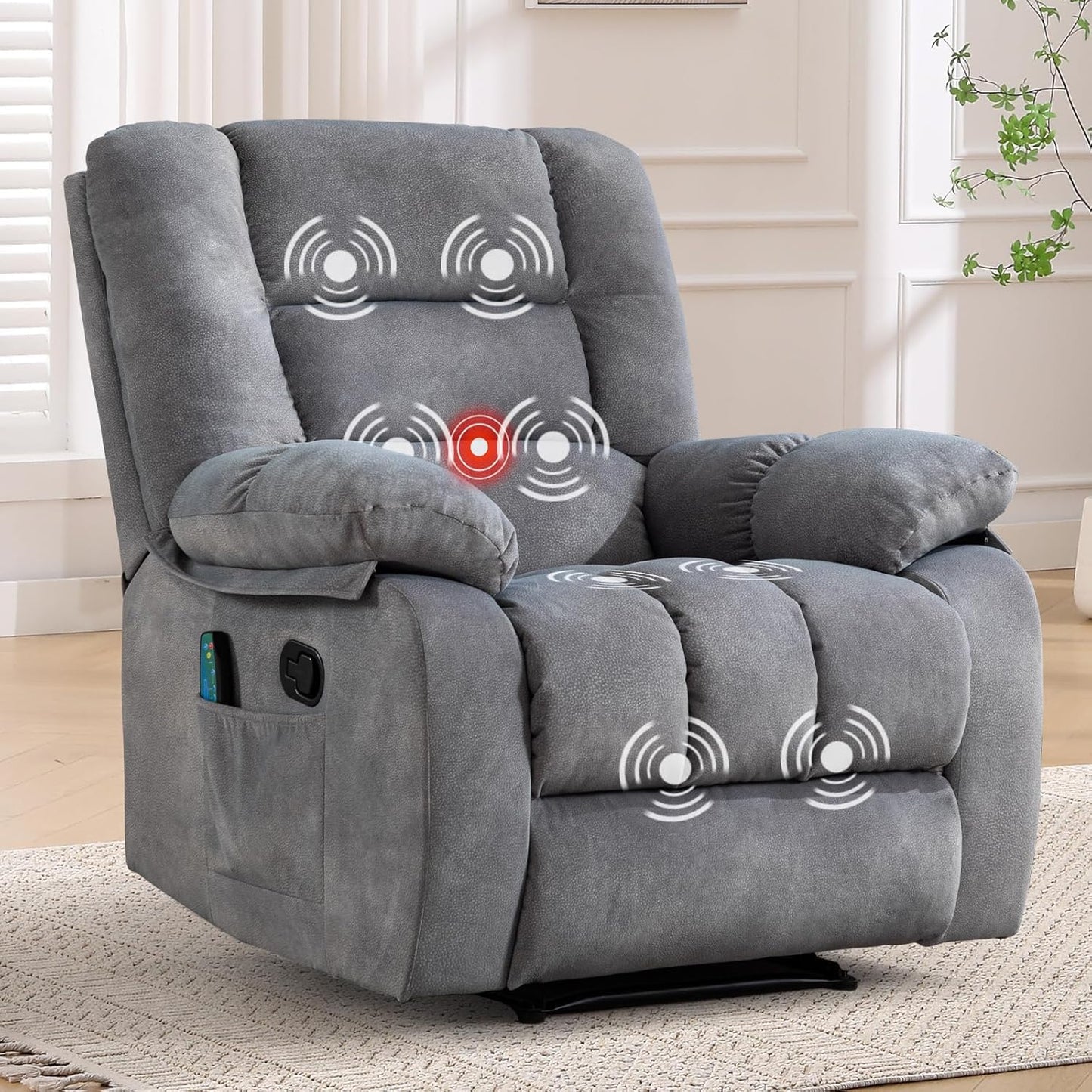 ANJHOME Overstuffed Massage Recliner Chairs with Heat and Vibration, Soft Fabric Single Manual Reclining Chair for Living Room Bedroom (Brown)