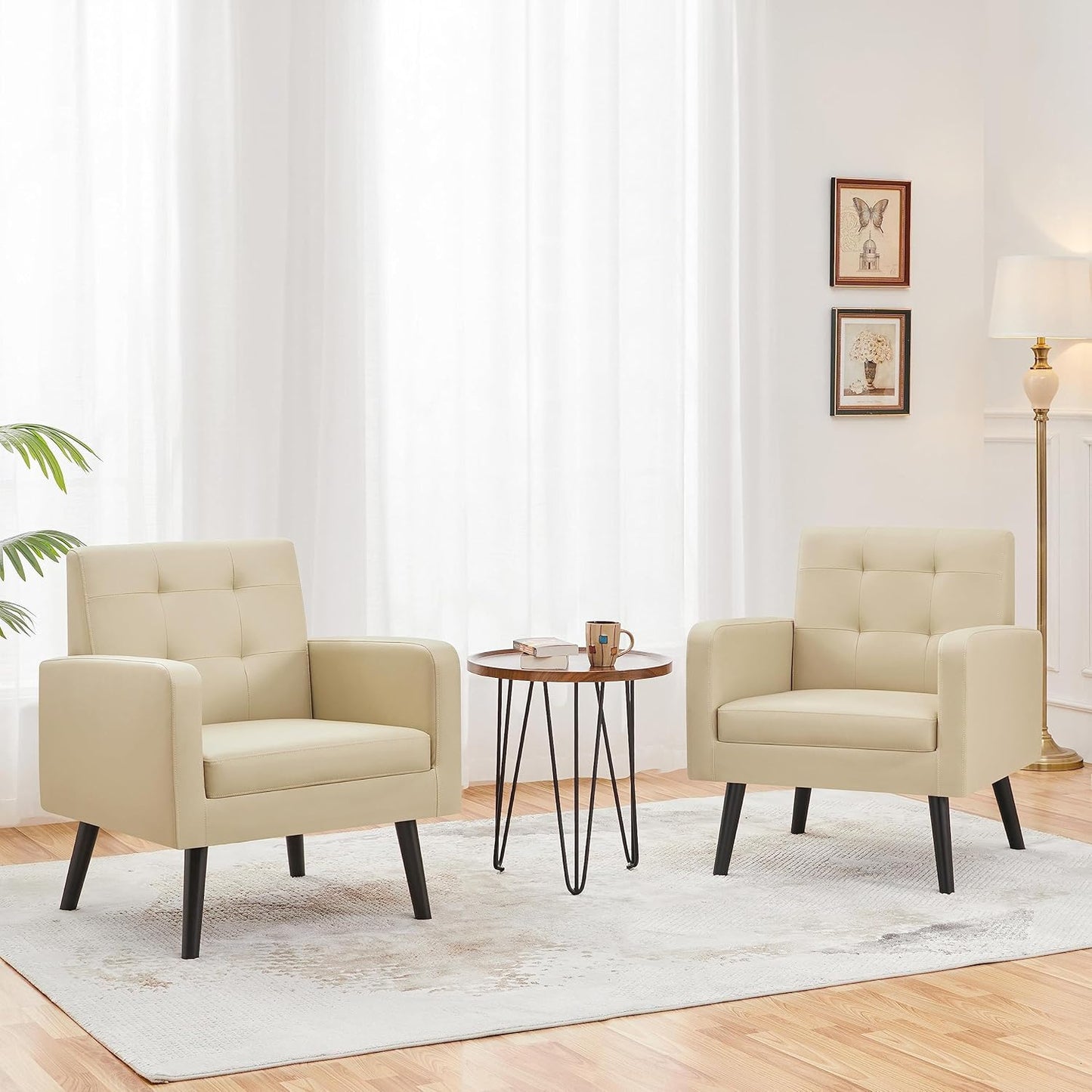 Topeakmart Mid Century Accent Chair, Modern and Cozy PU Leather Barrel Sofa Chair with Thick Cushion and Sturdy Wood Legs for Living Room/Bed Room/Office Waiting Area Beige 2PCS