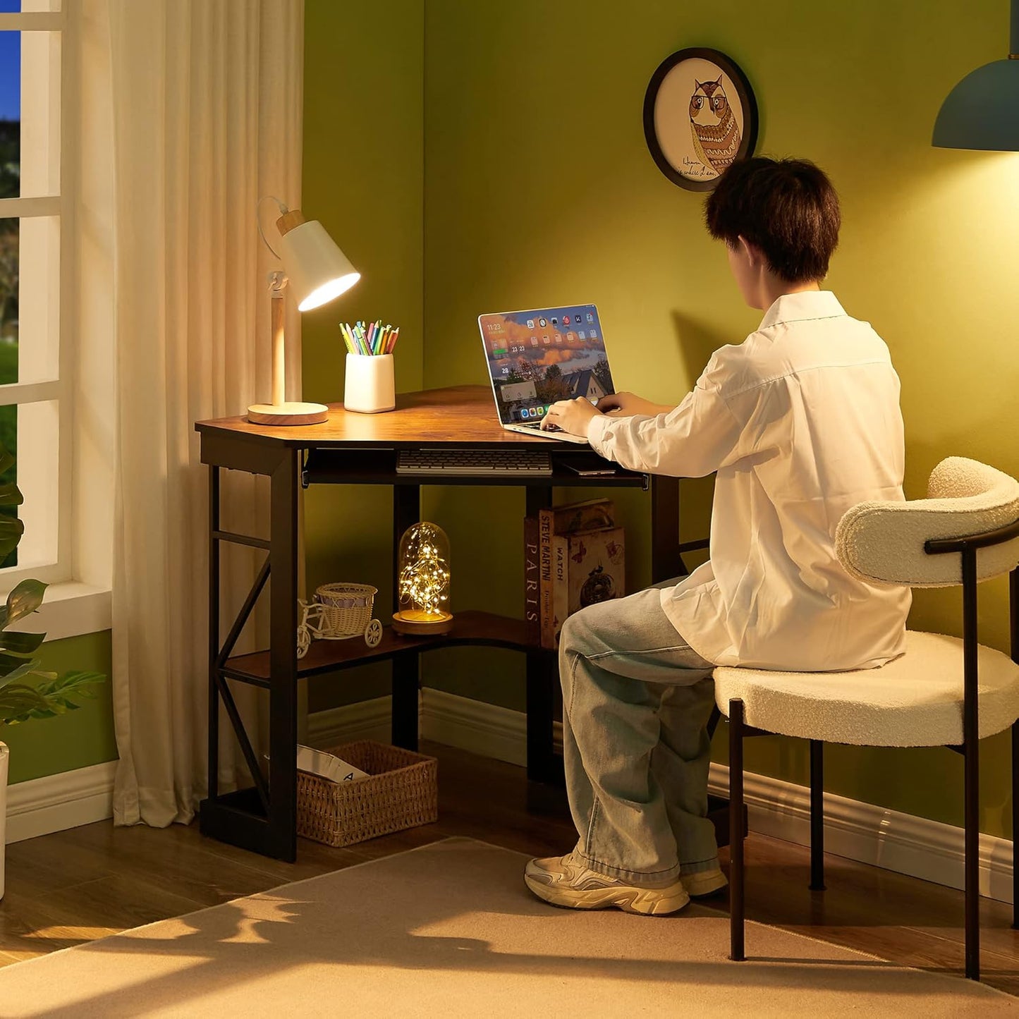 VECELO Corner Desk Computer Desk Writing Table with Smooth Keyboard Tray & Storage Shelves,Compact Home Office Triangle Table,Teak