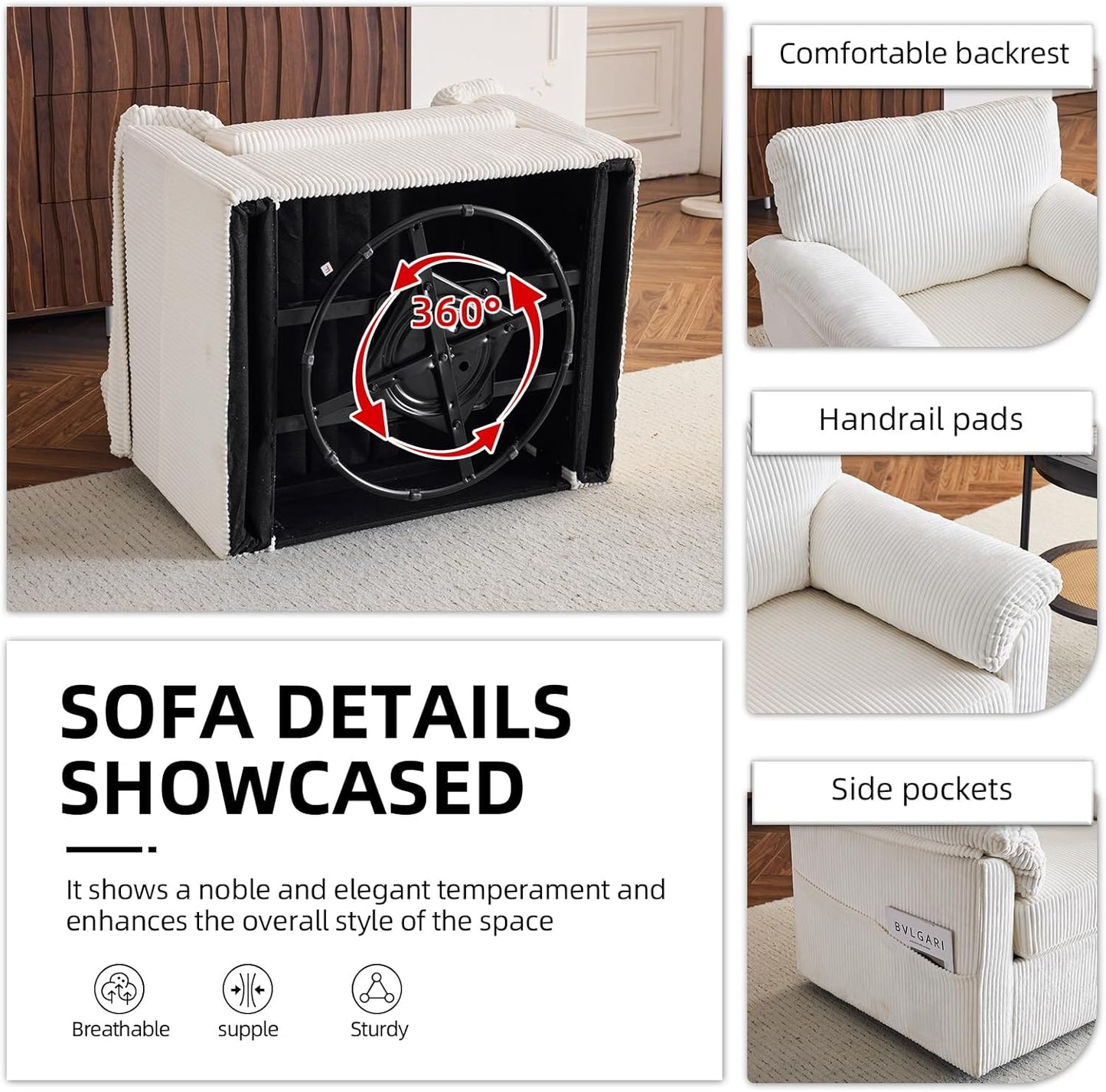 Accent Chair Set of 2, White Corduroy | Compact 360° Swivel for Small Spaces, Plush Deep-Cushioned Reading Chair