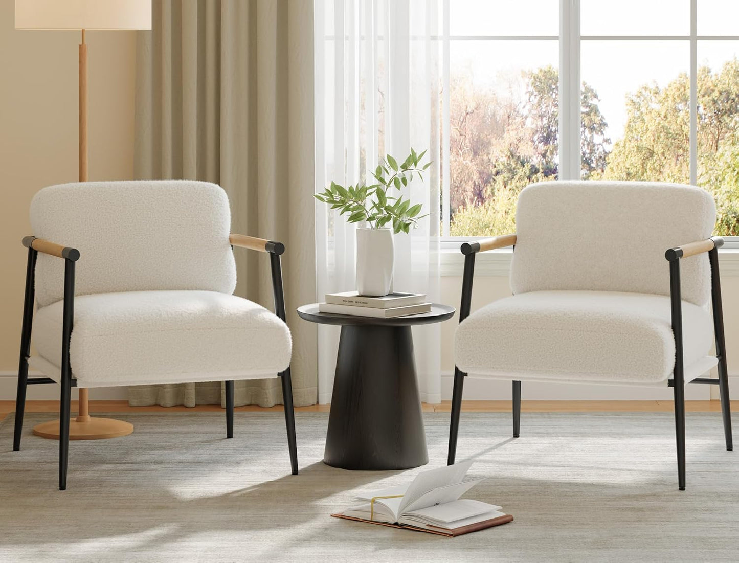 Brown Comfy Chair Set of 2, Modern Accent Chair with Metal Frame Wooden Armrest, Cozy Reading Chair with Soft Cushion for Bedroom, Living Room, Brown Set of 2