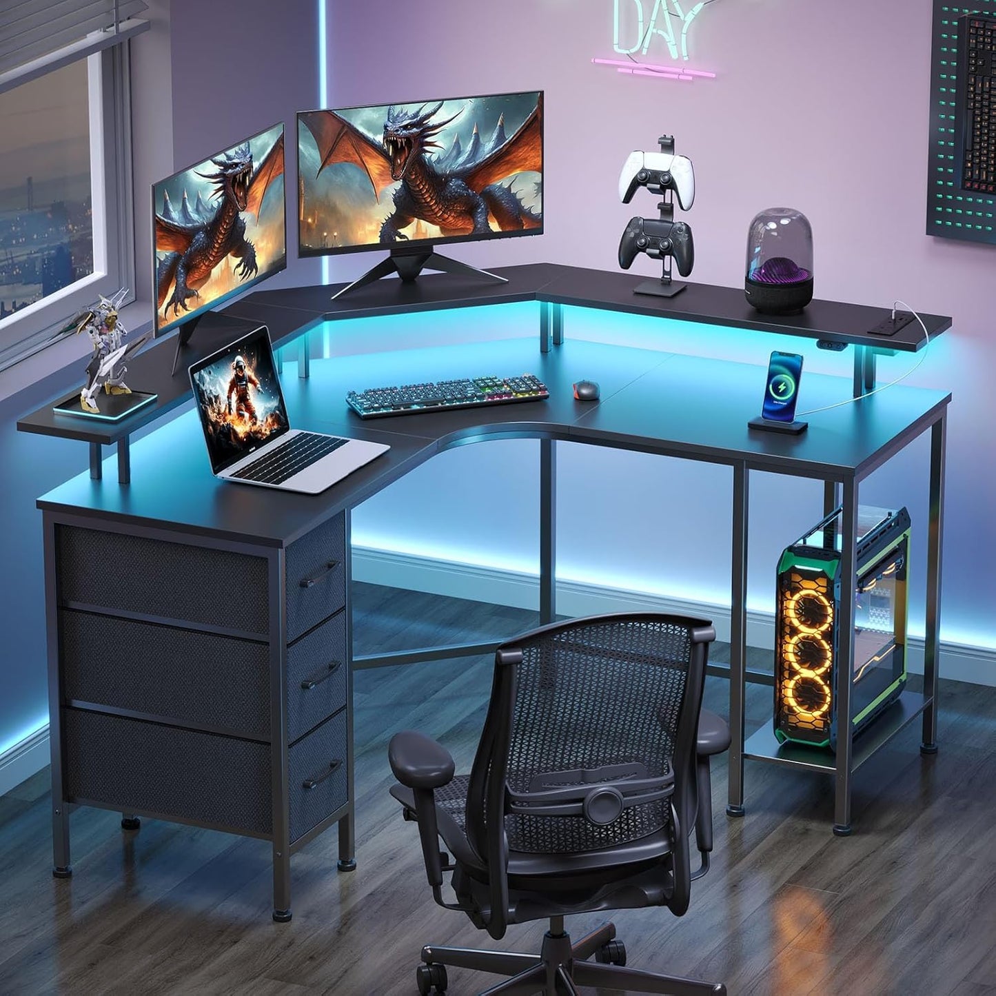 Seventable Corner Desk with Power Outlets & 3 Drawers, 44.6" Reversible Small L Shaped Computer Desk with LED Lights, Gaming Desk with Storage Shelves, Home Office Desk with Monitor Stand, Black