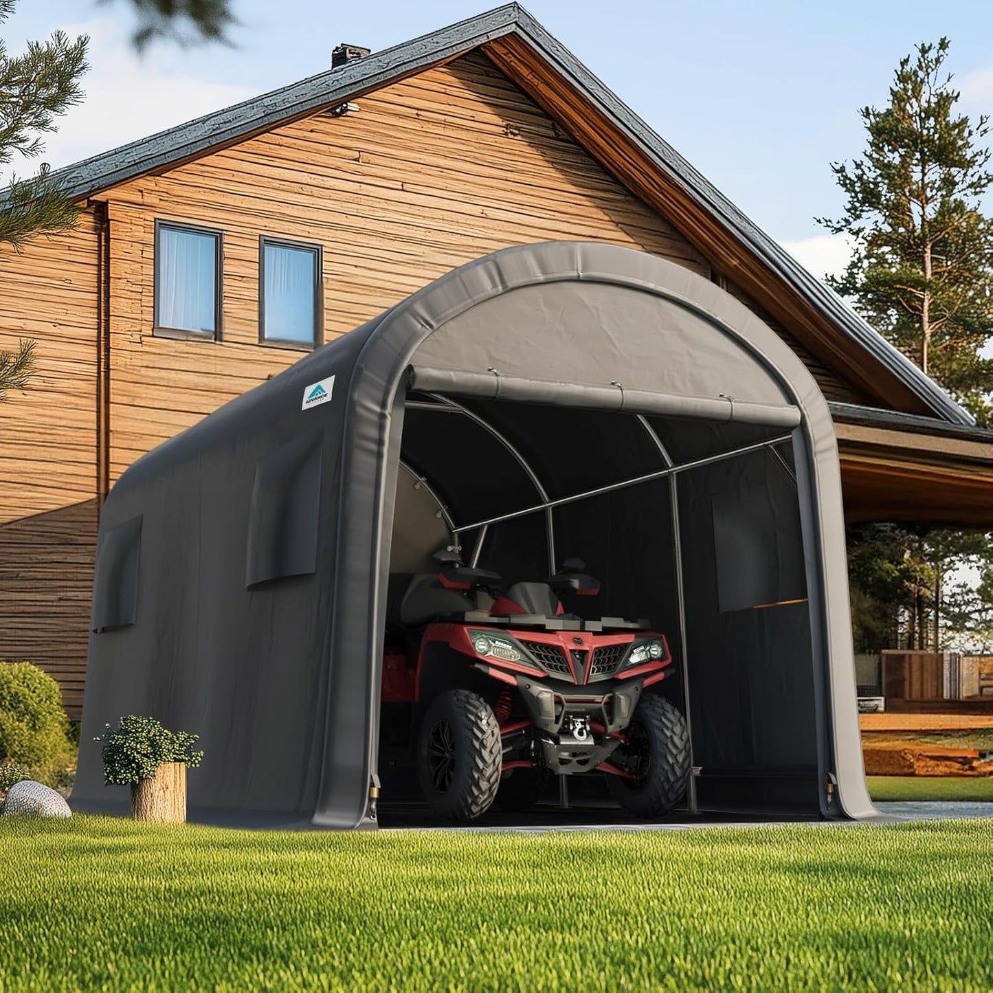 ADVANCE OUTDOOR 6x8 ft Shelter Storage Shed Steel Metal Round Peak Roof Portable Garage Carport for Motorcycle, Boat, or Garden Tools with 2 Roll up Doors & Vents, Gray