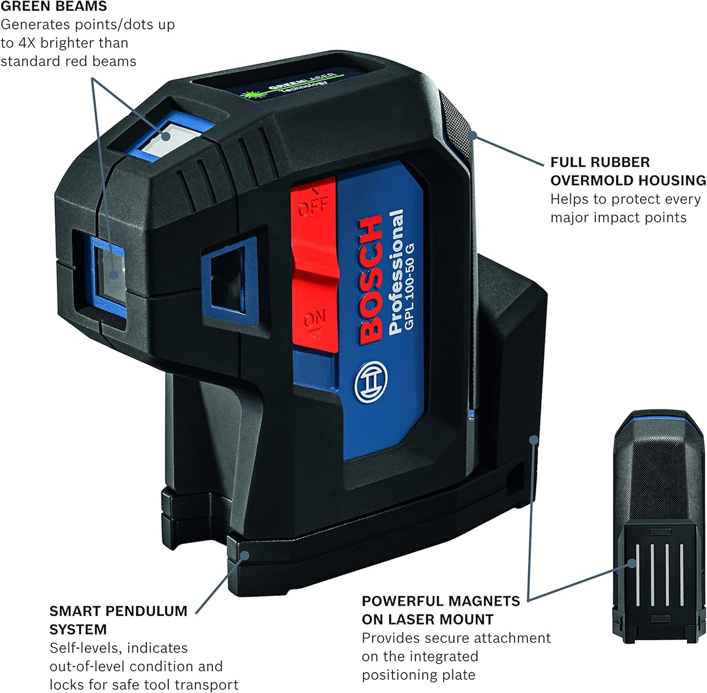 BOSCH GPL100-50G Green-Beam Self-Leveling Alignment Laser, Includes 2 AA Batteries, Built-In Multipurpose Mount, & Hard Carrying Case