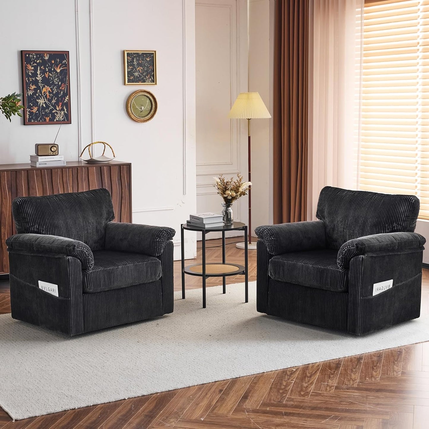 Accent Chair Set of 2, White Corduroy | Compact 360° Swivel for Small Spaces, Plush Deep-Cushioned Reading Chair