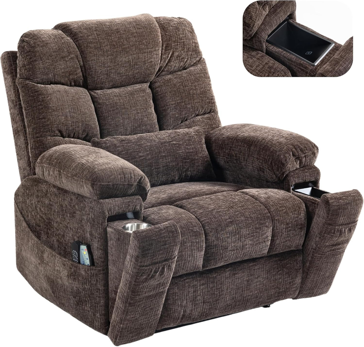 4-Motor Power Lift Chair with Heat & Massage - Power Adjustable Headrest, Backrest, Lumbar & Footrest - 27-inch Wide Seat Lay Flat Recliner, 8-Point Massage (Lumbar Heating)