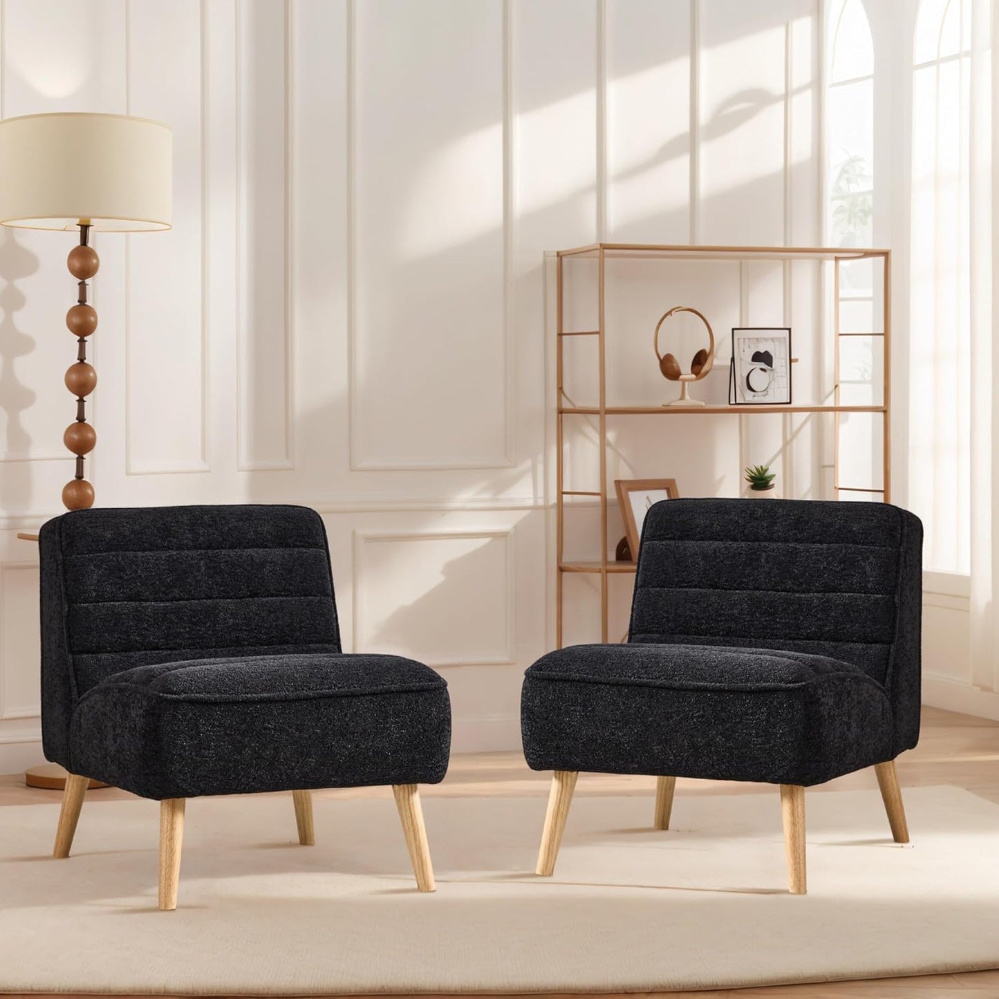 Aoiy & Wifon Velvet Accent Chair Set of 2, Single Living Room Chair with Metal Legs, Armless Reading Chair for Living Room, Beige