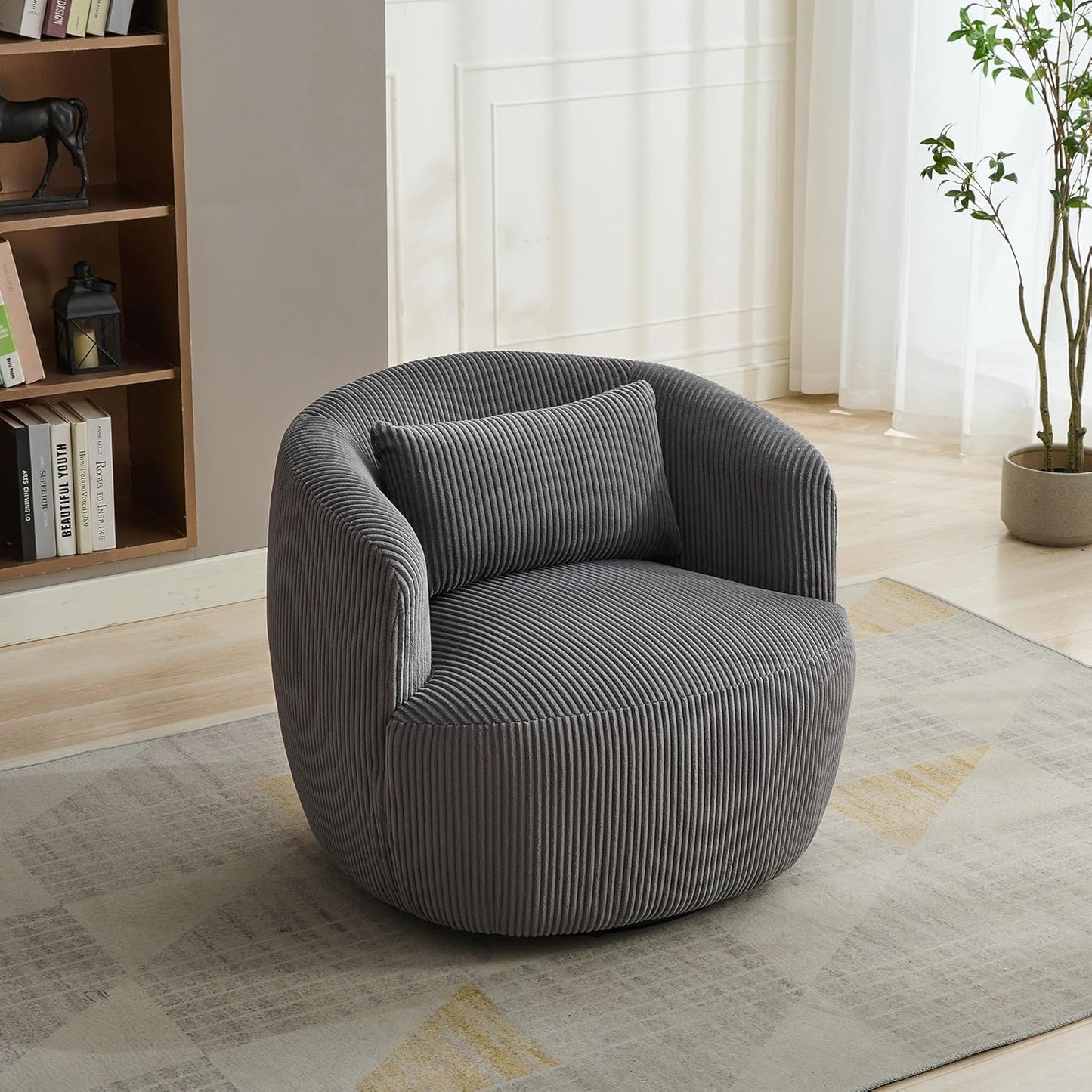 Aoiy & Wifon 34.25" W Swivel Barrel Chair, Upholstered Round Small Accent Chair, Single Comfy Barrel Chair for Living Room, Corduroy, Ivory