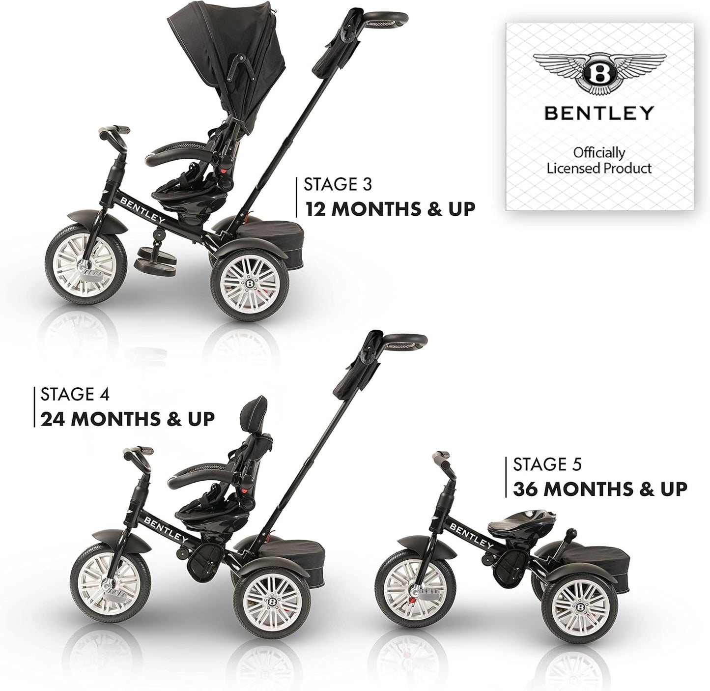 Bentley Kids Trike, All Terrain Toddler Bike 6-in-1, Officially Licensed & Designed by Bentley Motors UK, Baby Tricycle is a Compelling Statement of Performance & Luxury, Onyx Black (6m-5y+)
