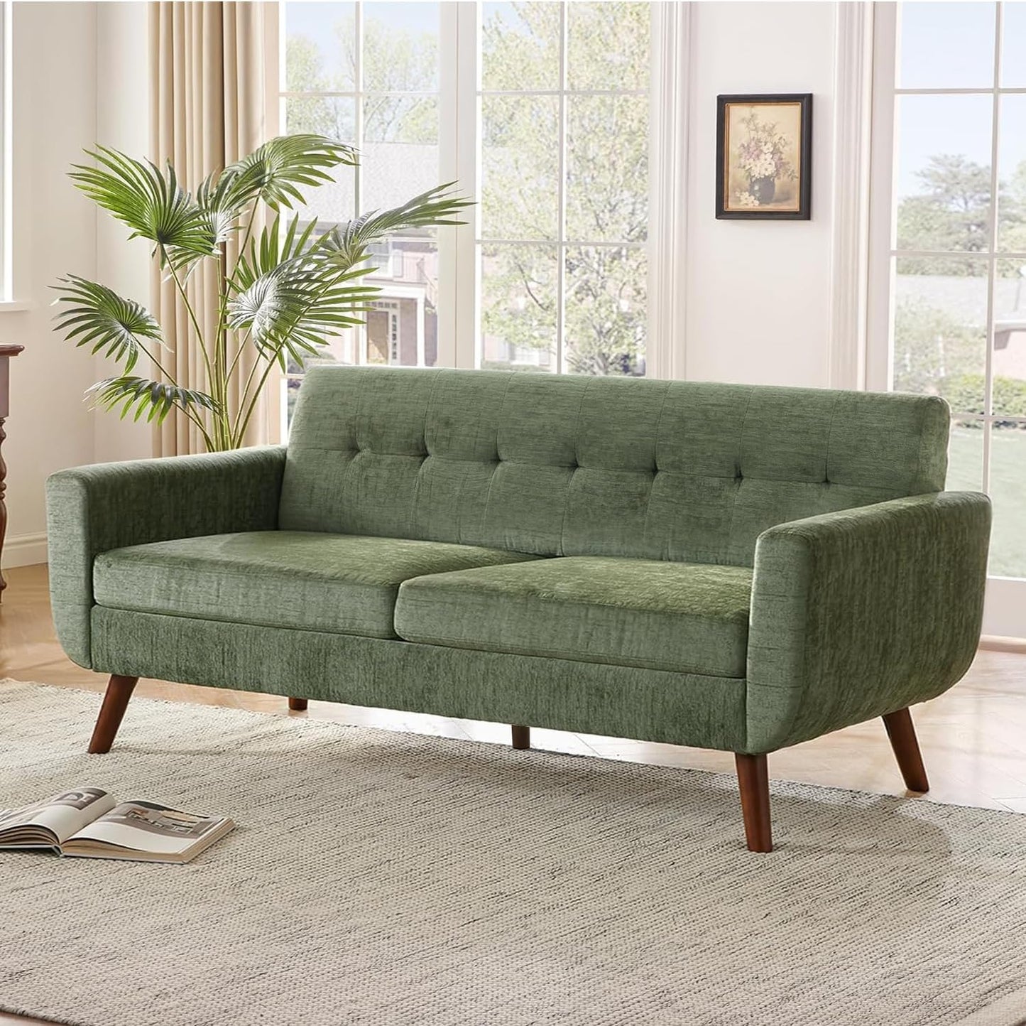 Tbfit 65" W Loveseat Sofa, Mid Century Modern Decor Love Seat Couches for Living Room, Button Tufted Upholstered Small Couch for Bedroom, Solid and Easy to Install Love Seats Furniture, Beige