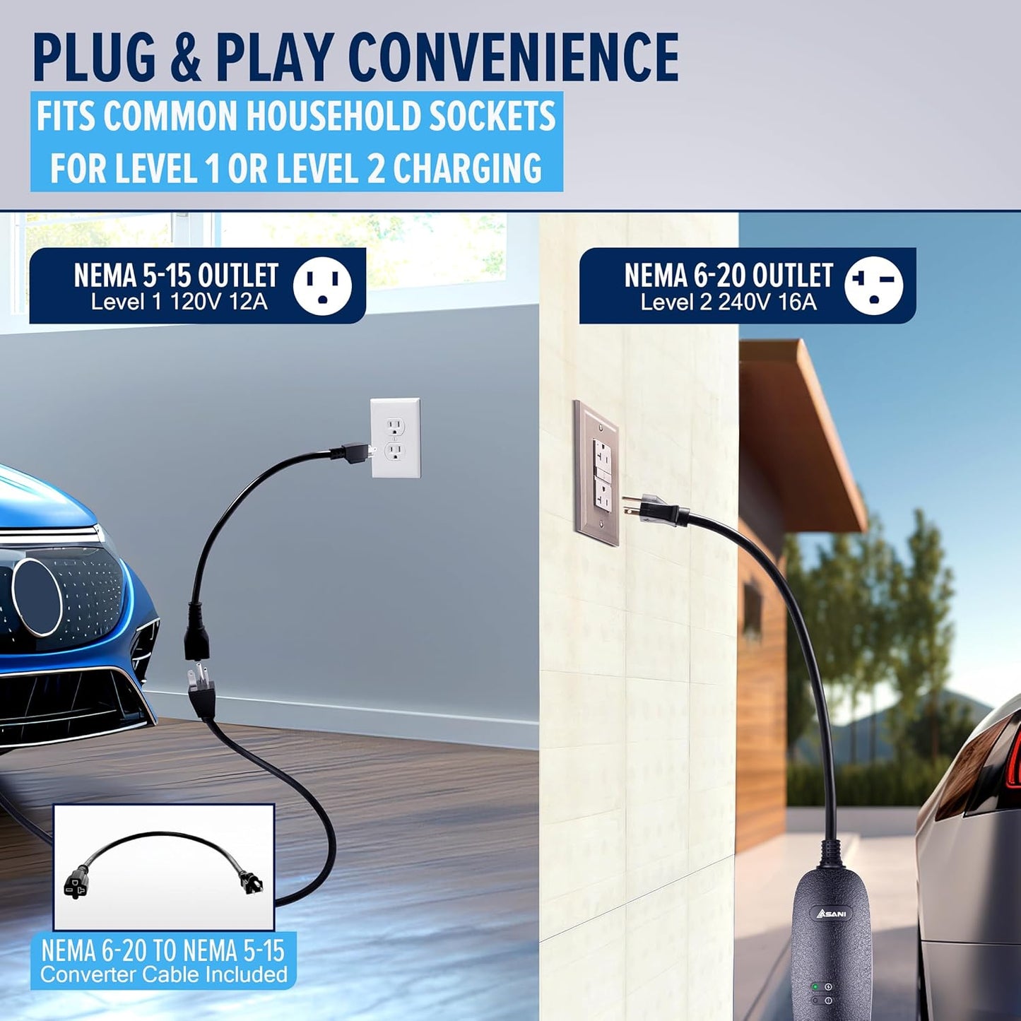 Asani Level 1 & 2 EV Charger - Type 1-110-240V at 16 Amps - 16.5ft Portable Electric Vehicle EV Charger with NEMA 6-20 with NEMA 5-15 Adapter Plug for J1772 Electric Cars