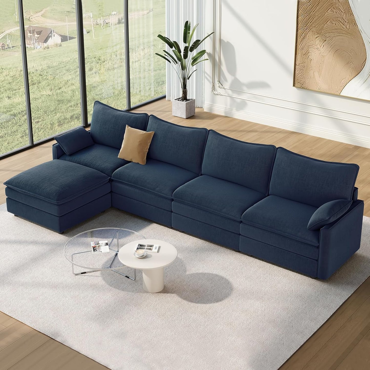 Vesgantti 108" Modular Sectional Sofa, Comfy Cloud Couch with Movable Ottoman Deep Seat Chenille L Shaped Modular Sofa, Sectional Couches for Living Room, Bedroom and Apartment, Beige