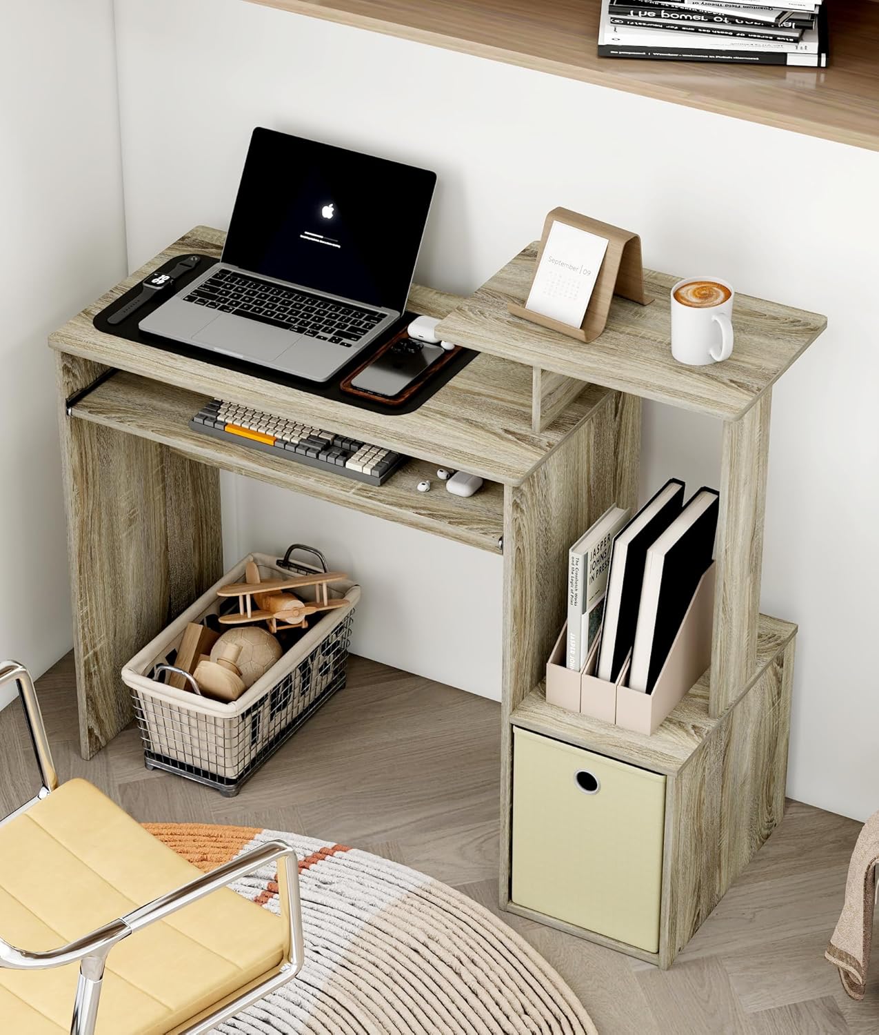 Small Computer Desk for Bedroom, Home Office Desk with Drawers Storage Shelves for Living Room Study Bedroom, Dark Walnut/Brown